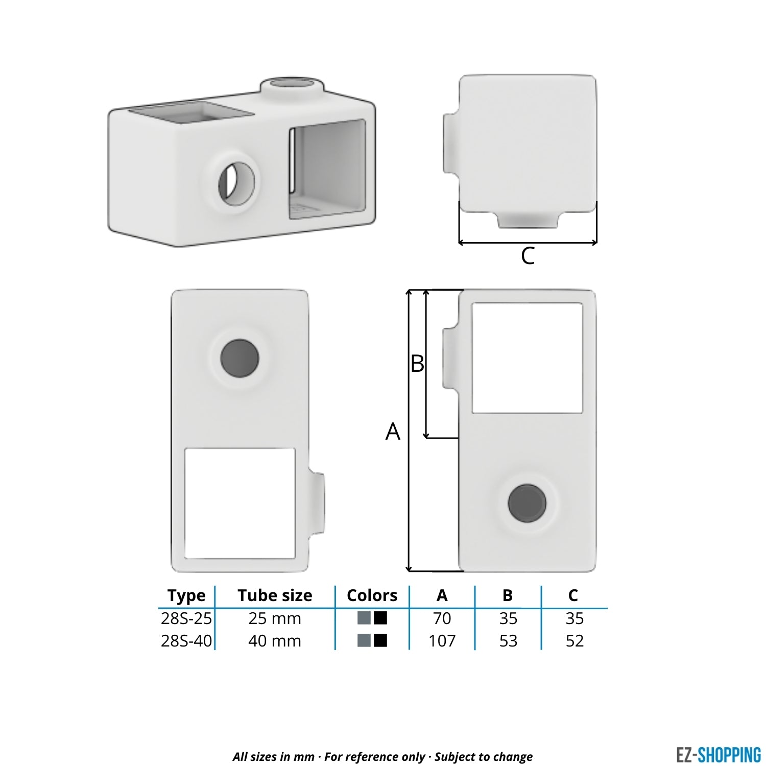 Buiskoppeling Kruisstuk 90º zwart 40 mm vierkant - maattabel - technische tekening (Steigerbuisstunter.nl)