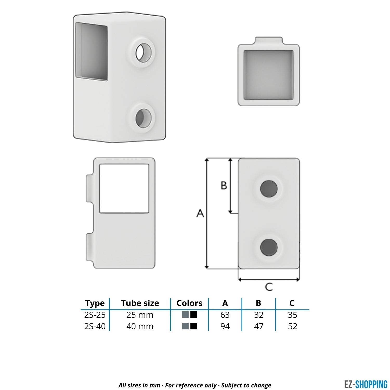 Buiskoppeling T-stuk kort zwart 25 mm vierkant - maattabel - technische tekening (Steigerbuisstunter.nl)