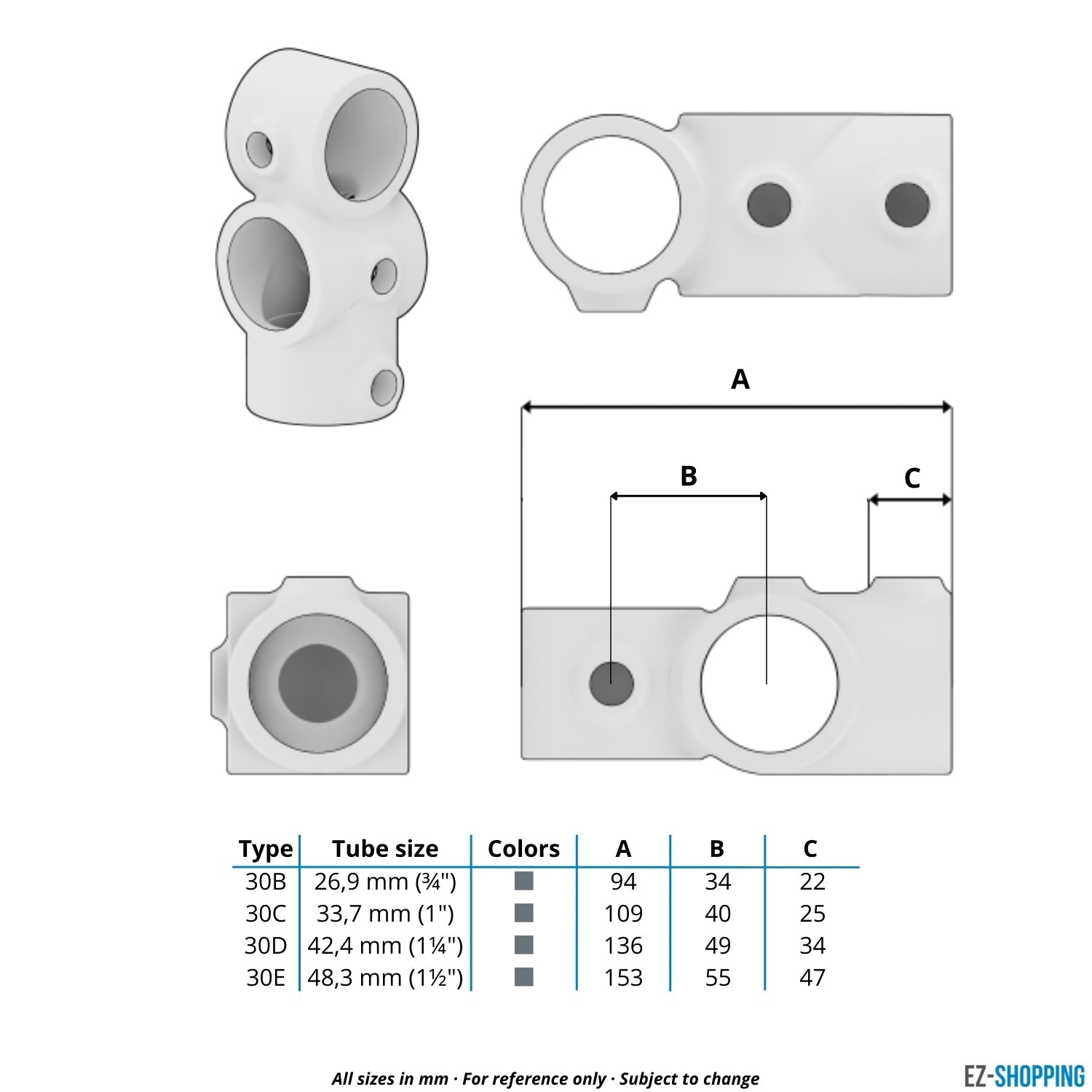 Buiskoppeling Combi T-Kruisstuk 33,7 mm - maattabel - technische tekening (Steigerbuisstunter.nl)