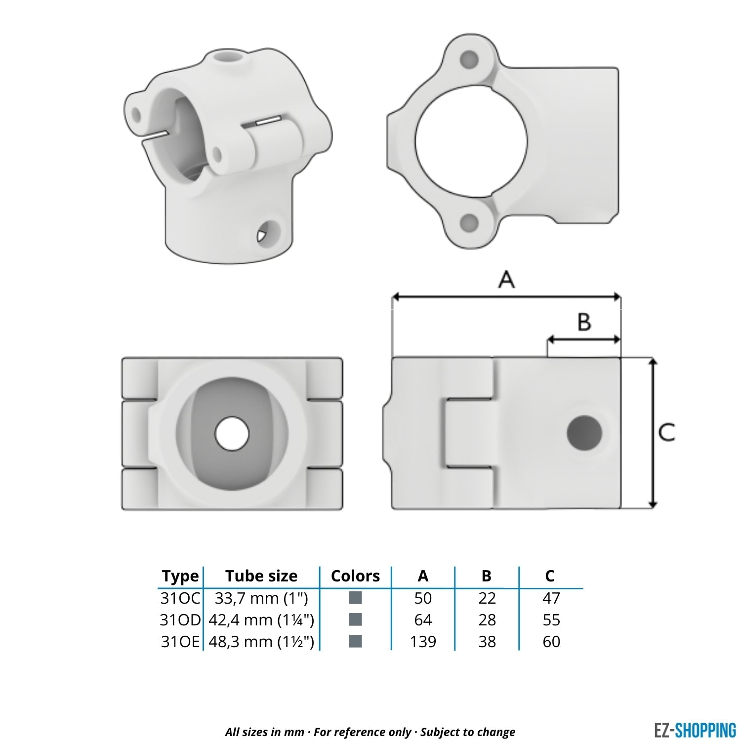 Buiskoppeling T-stuk klapbaar 42,4 mm - maattabel - technische tekening (Steigerbuisstunter.nl)