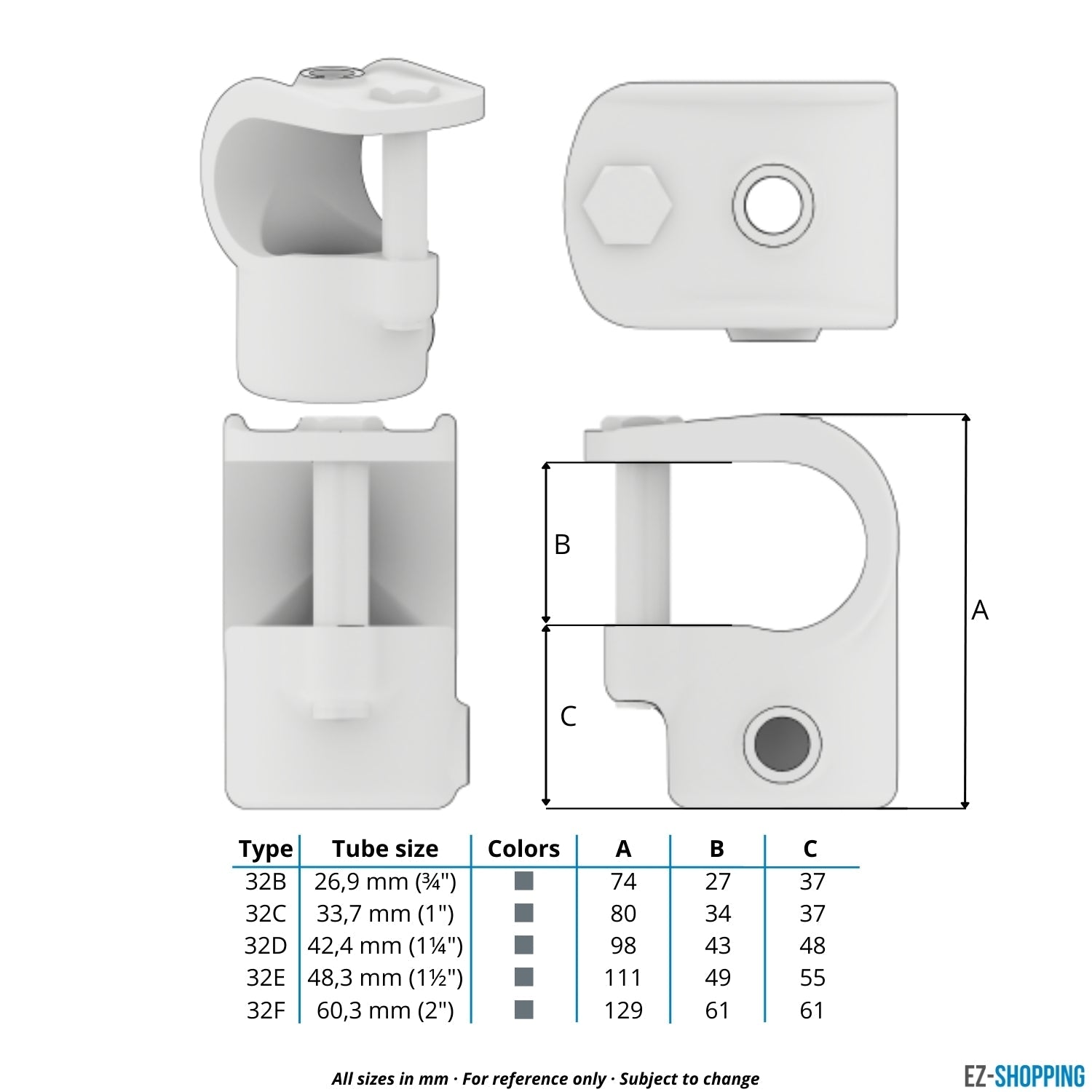 Buiskoppeling T-stuk open 48,3 mm - maattabel - technische tekening (Steigerbuisstunter.nl)