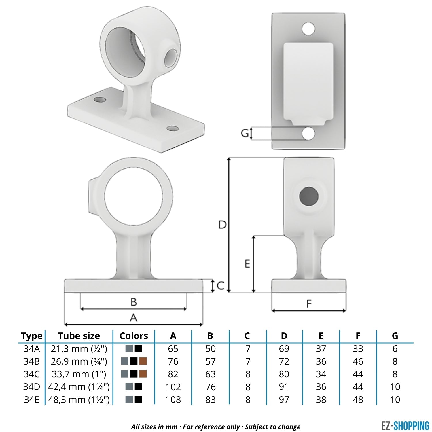 Buiskoppeling Leuningdrager vintage 33,7 mm - maattabel - technische tekening (Steigerbuisstunter.nl)