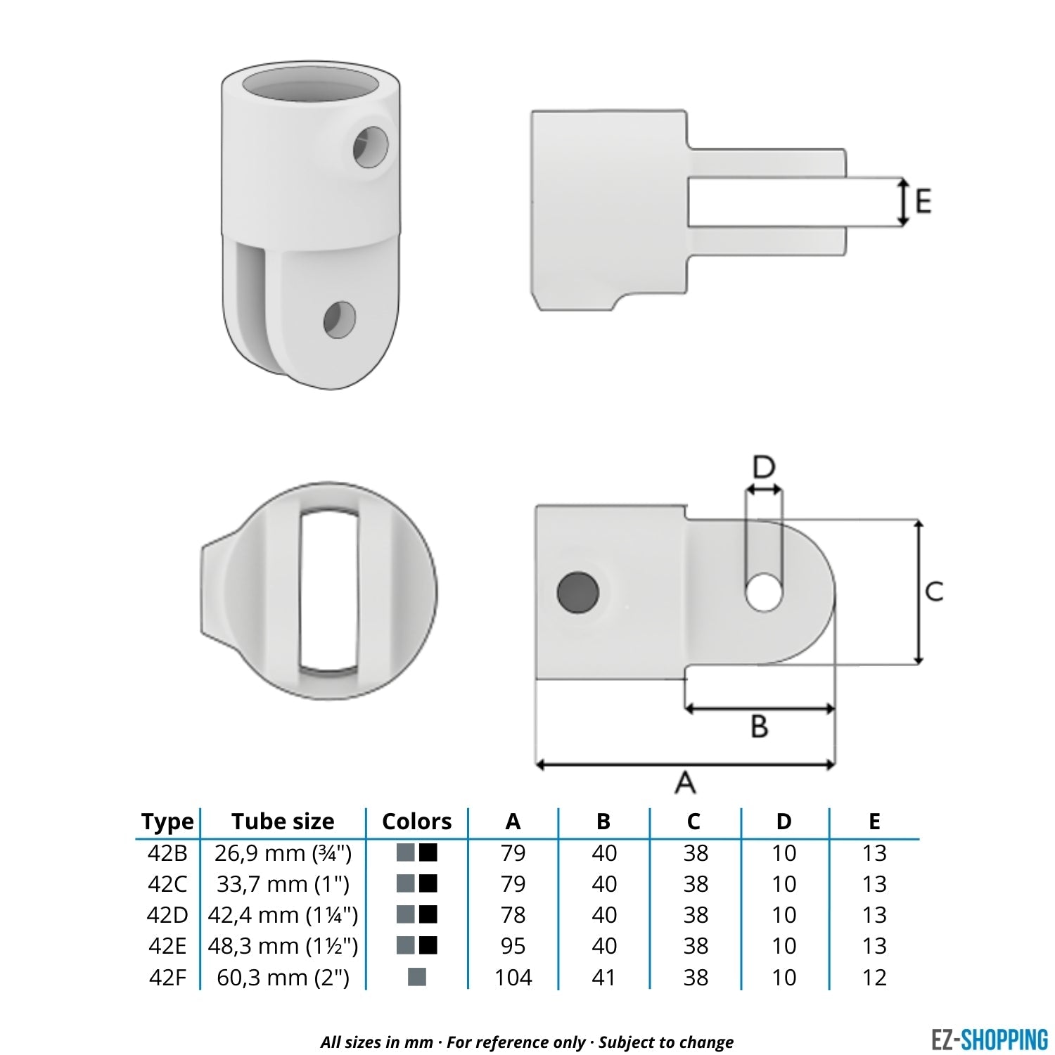 Buiskoppeling Hulsdeel scharnierstuk 42,4 mm - maattabel - technische tekening (Steigerbuisstunter.nl)