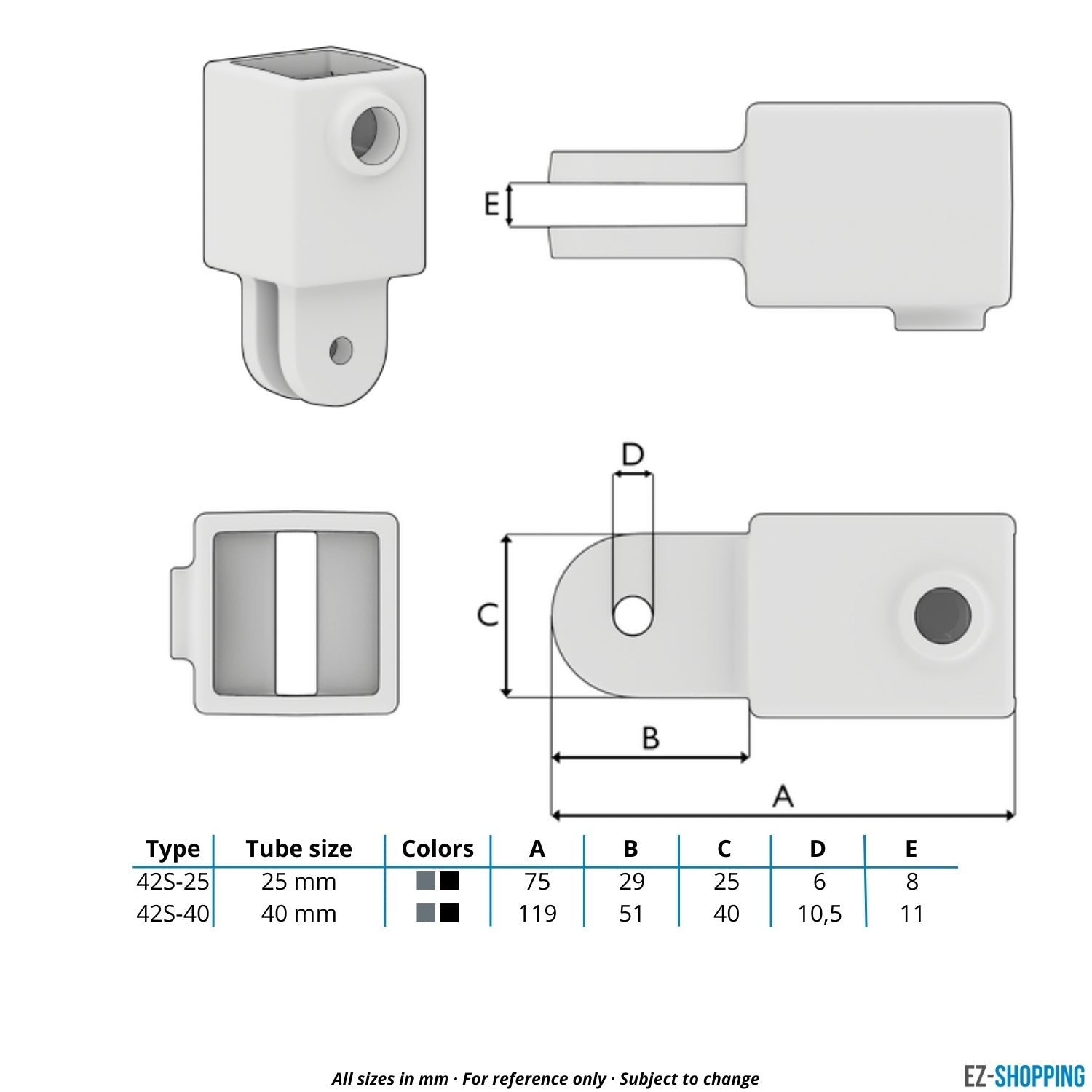 Buiskoppeling Hulsdeel scharnierstuk zwart 40 mm vierkant - maattabel - technische tekening (Steigerbuisstunter.nl)