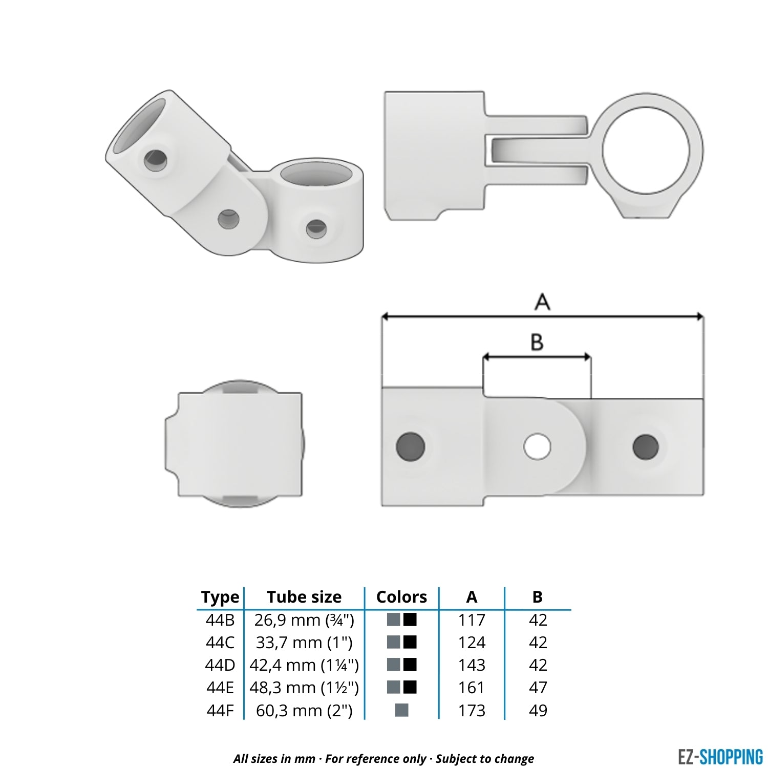Buiskoppeling Scharnierstuk enkel - zwart voor buiten - 42,4 mm - maattabel - technische tekening (Steigerbuisstunter.nl)
