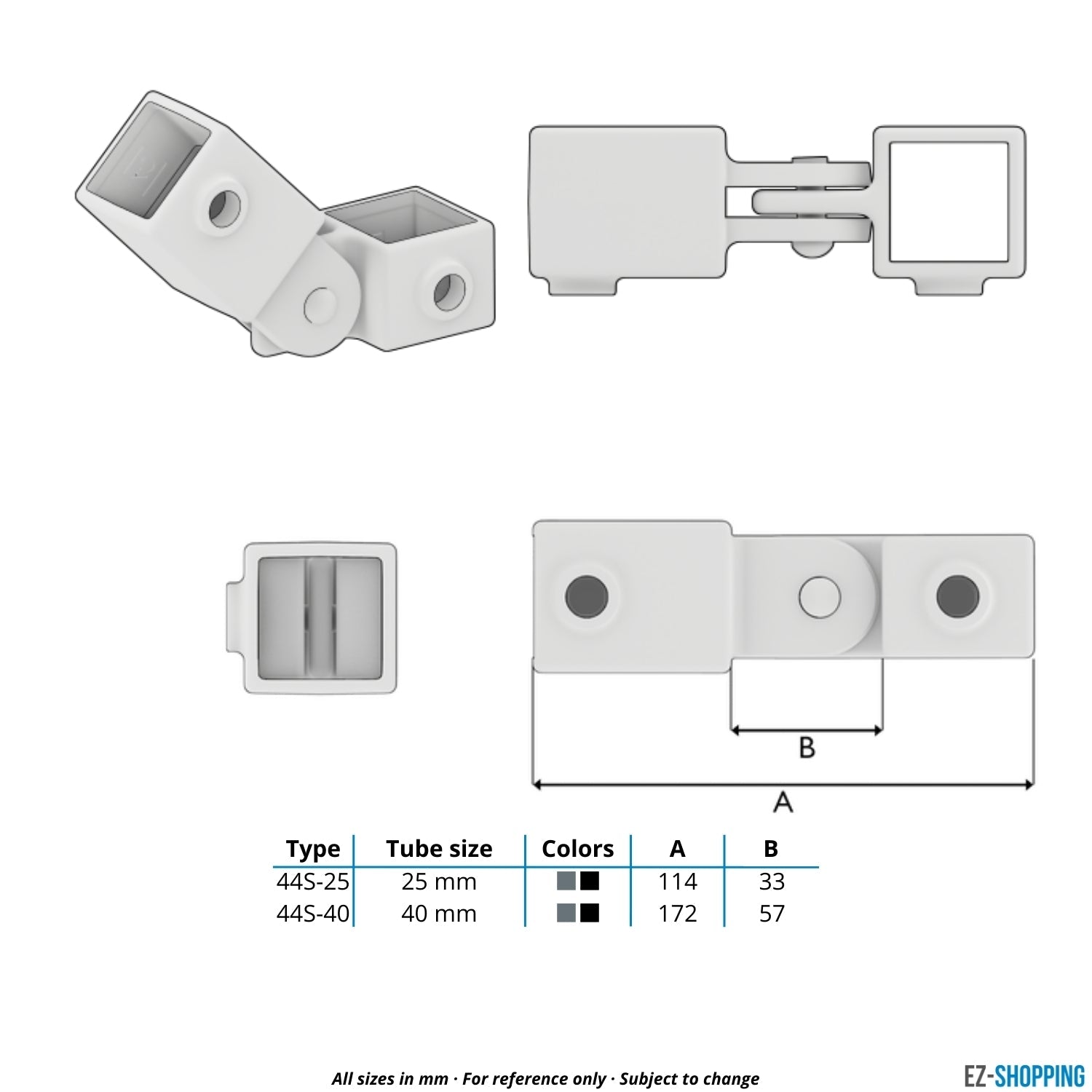 Buiskoppeling Scharnierstuk enkel 25 mm vierkant - maattabel - technische tekening (Steigerbuisstunter.nl)