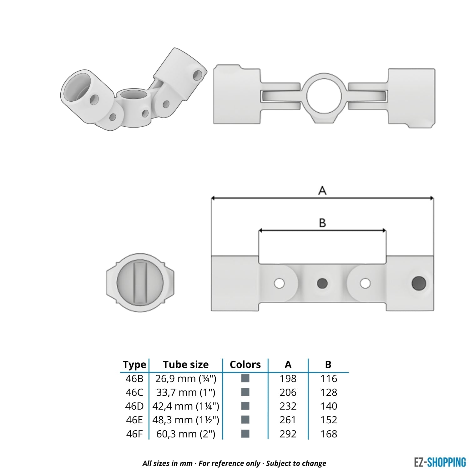 Buiskoppeling Scharnierstuk dubbel 48,3 mm - maattabel - technische tekening (Steigerbuisstunter.nl)