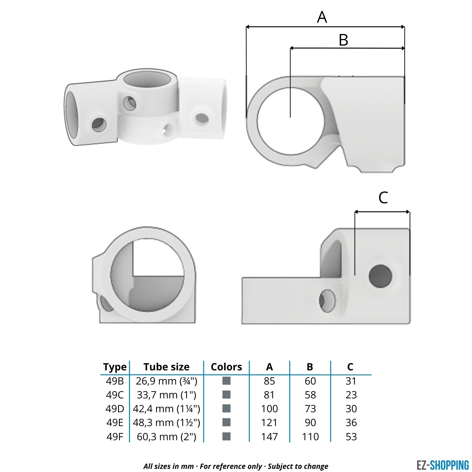 Buiskoppeling Verstelbaar hoekstuk 90º - 240º 42,4 mm - 1 stuk - maattabel - technische tekening (Steigerbuisstunter.nl)