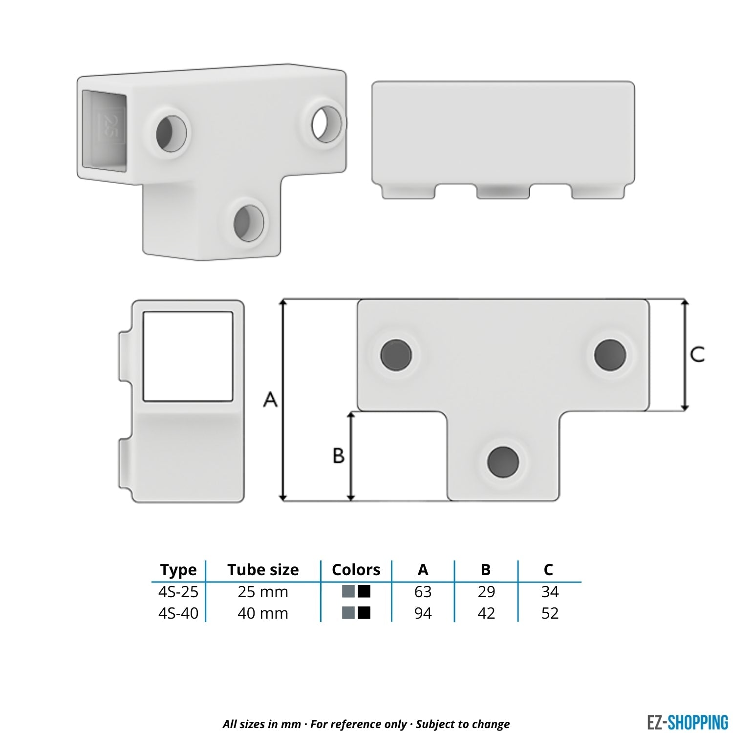 Buiskoppeling T-stuk lang 40 mm vierkant - maattabel - technische tekening (Steigerbuisstunter.nl)