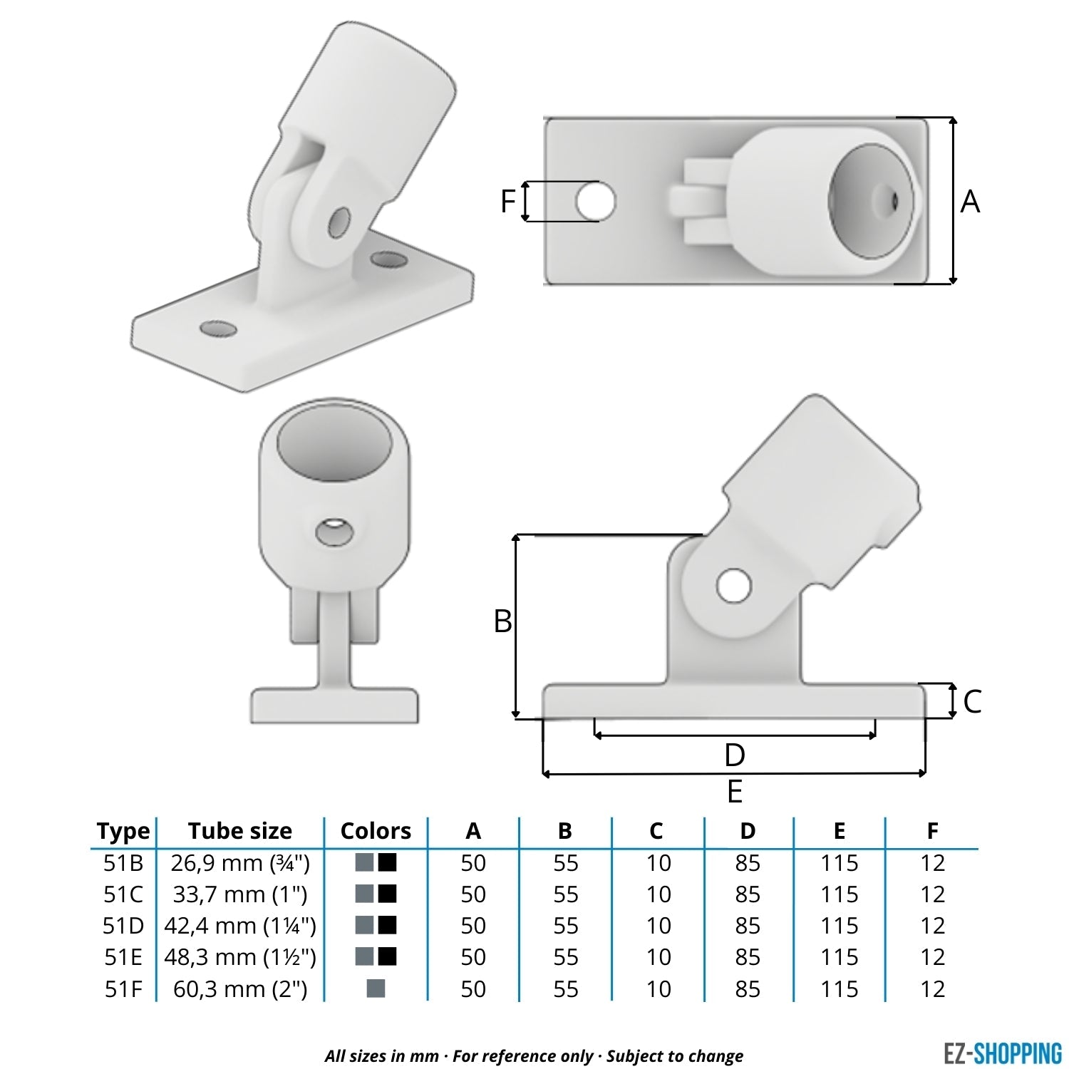 Buiskoppeling Scharniervoet 48,3 mm - maattabel - technische tekening (Steigerbuisstunter.nl)