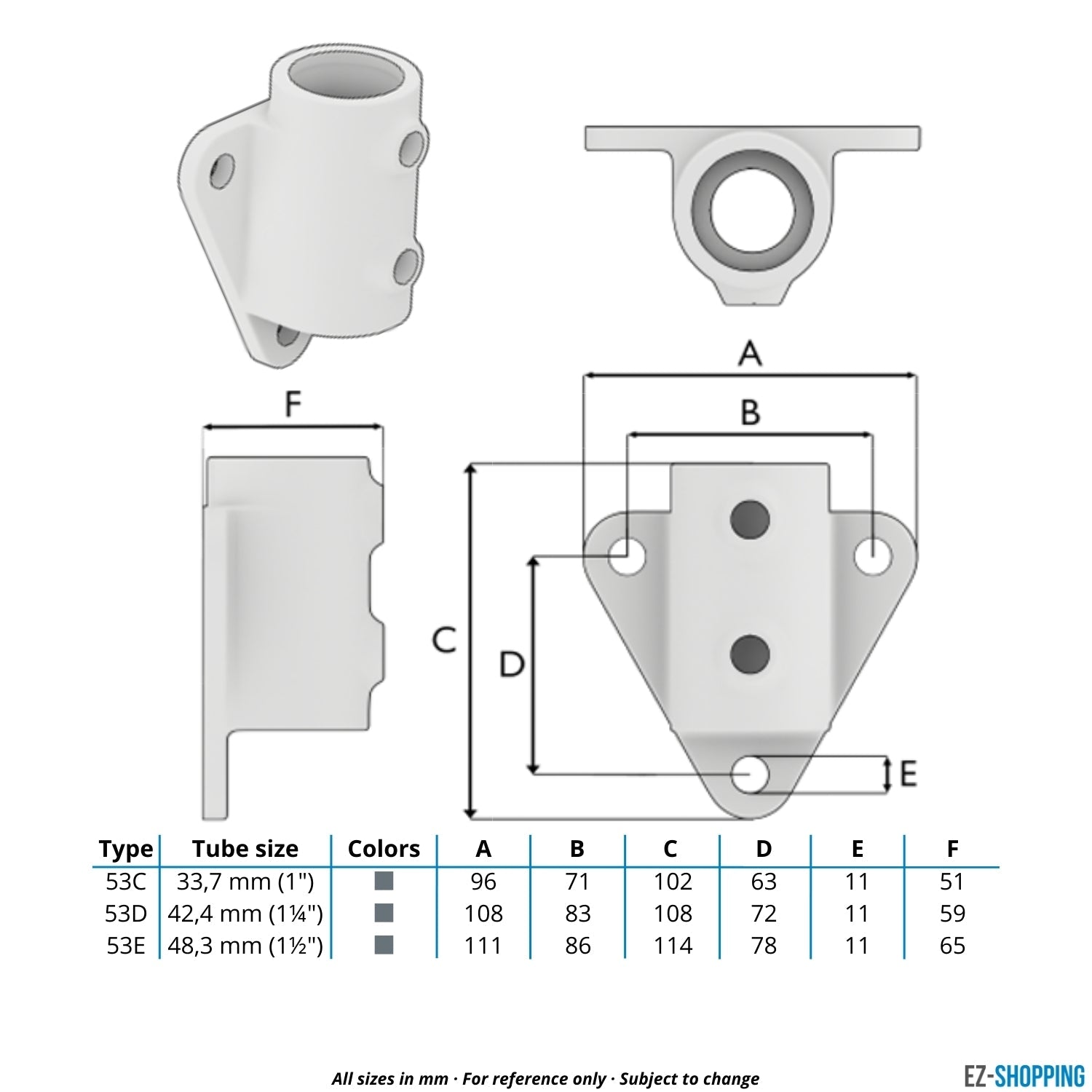 Buiskoppeling Boeiboordbevestiging driehoek 48,3 mm - maattabel - technische tekening (Steigerbuisstunter.nl)