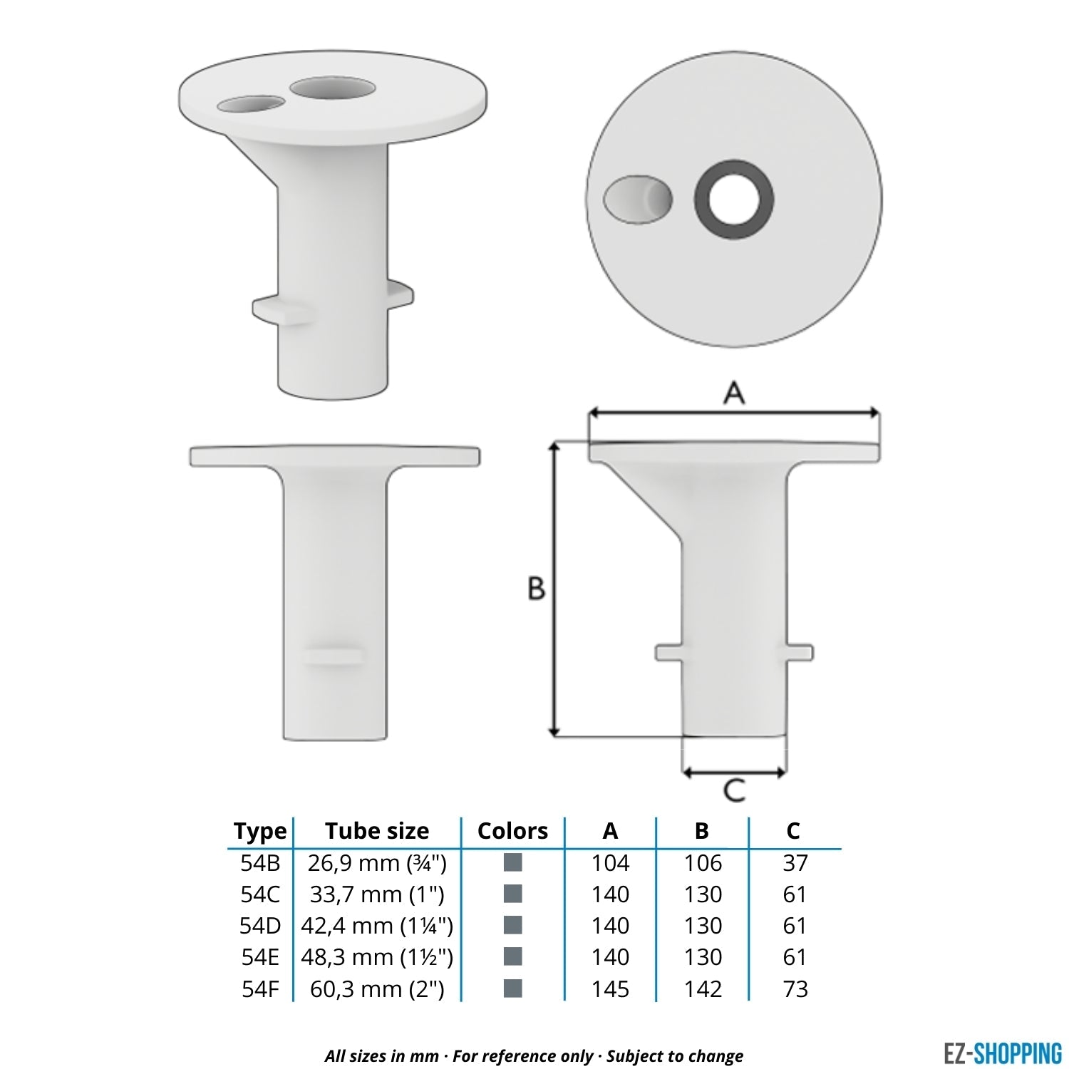 Buiskoppeling Straatpot 26,9 mm - maattabel - technische tekening (Steigerbuisstunter.nl)