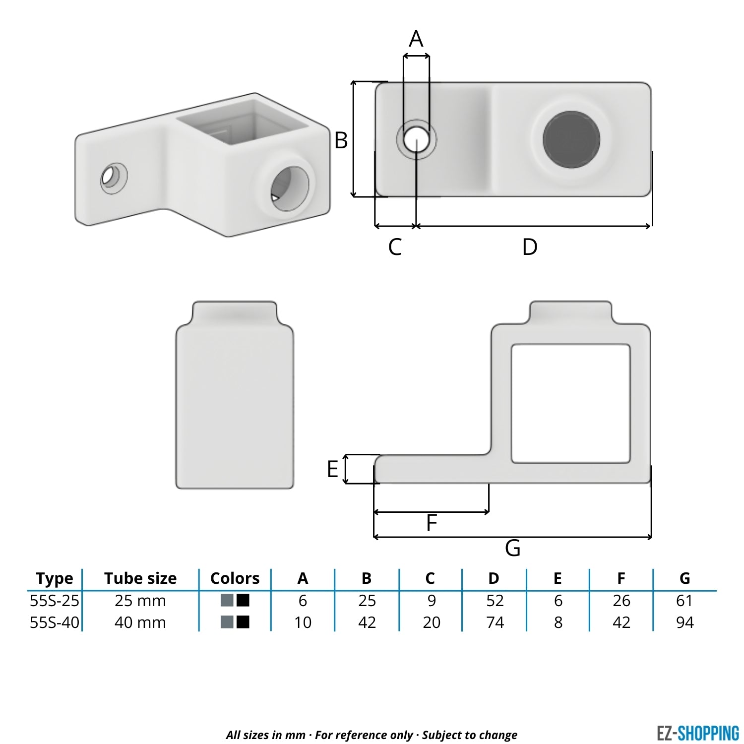 Buiskoppeling Bevestigingsring enkel zwart 25 mm vierkant - maattabel - technische tekening (Steigerbuisstunter.nl)