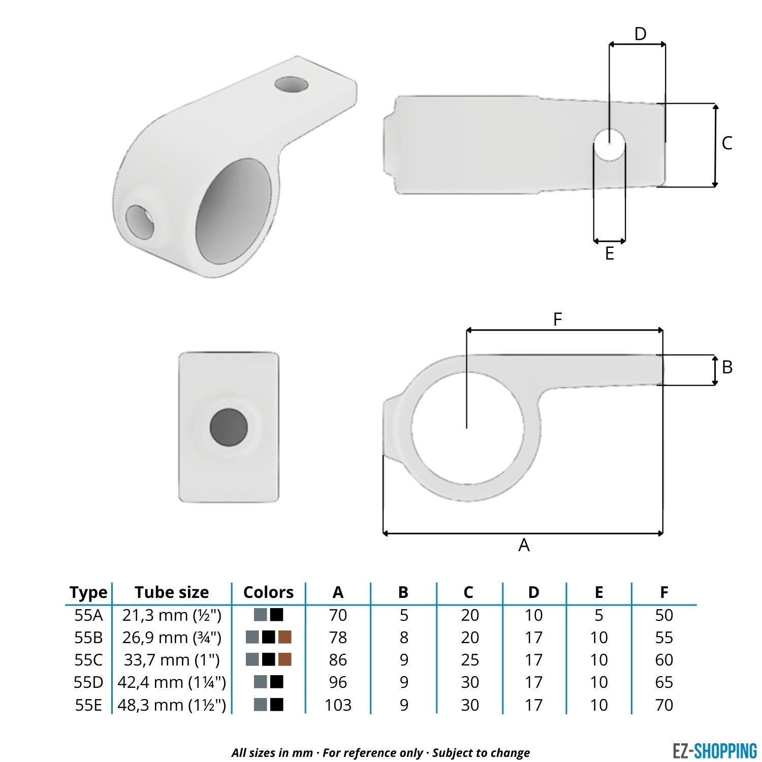 Buiskoppeling Bevestigingsring enkel 42,4 mm - maattabel - technische tekening (Steigerbuisstunter.nl)