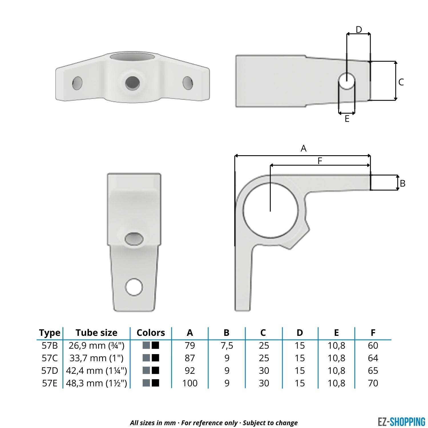 Buiskoppeling Bevestigingsring dubbel 90º 42,4 mm - maattabel - technische tekening (Steigerbuisstunter.nl)