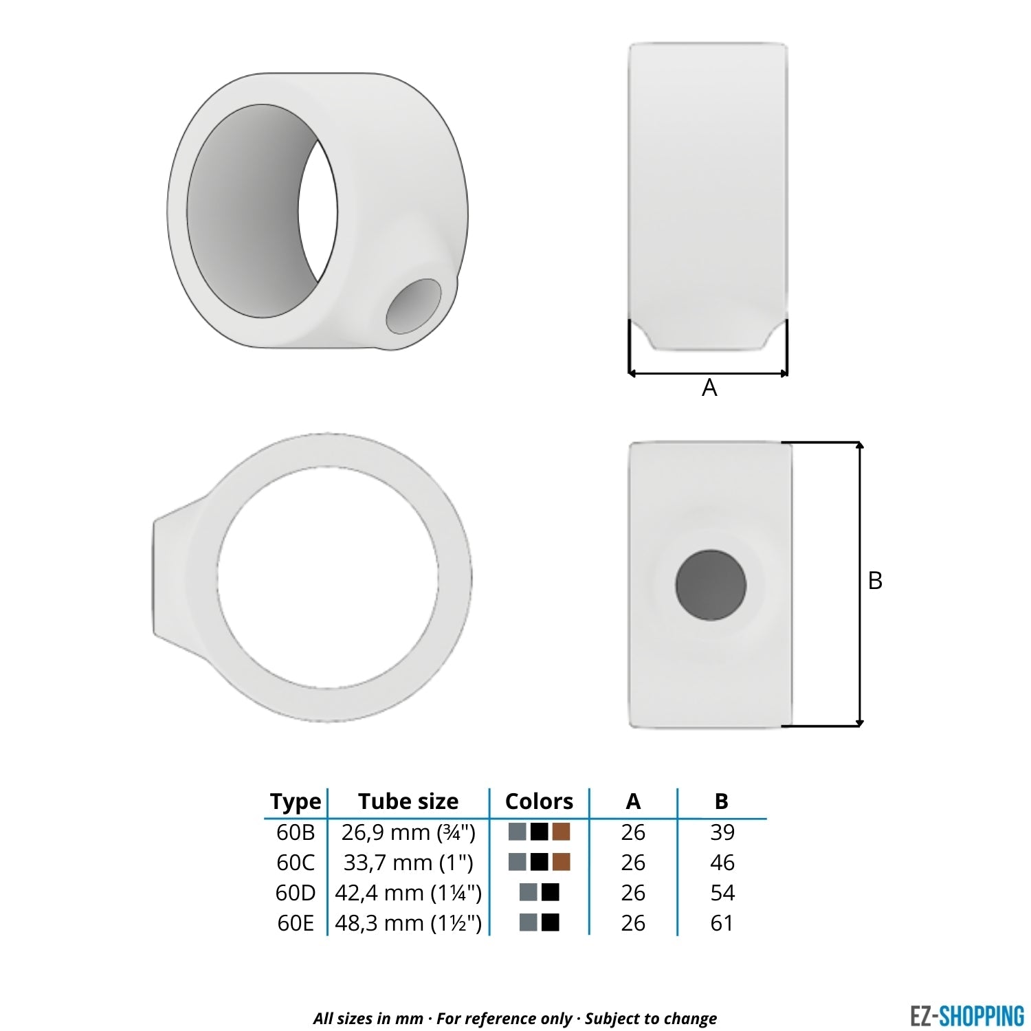 Buiskoppeling Borgring 48,3 mm - maattabel - technische tekening (Steigerbuisstunter.nl)