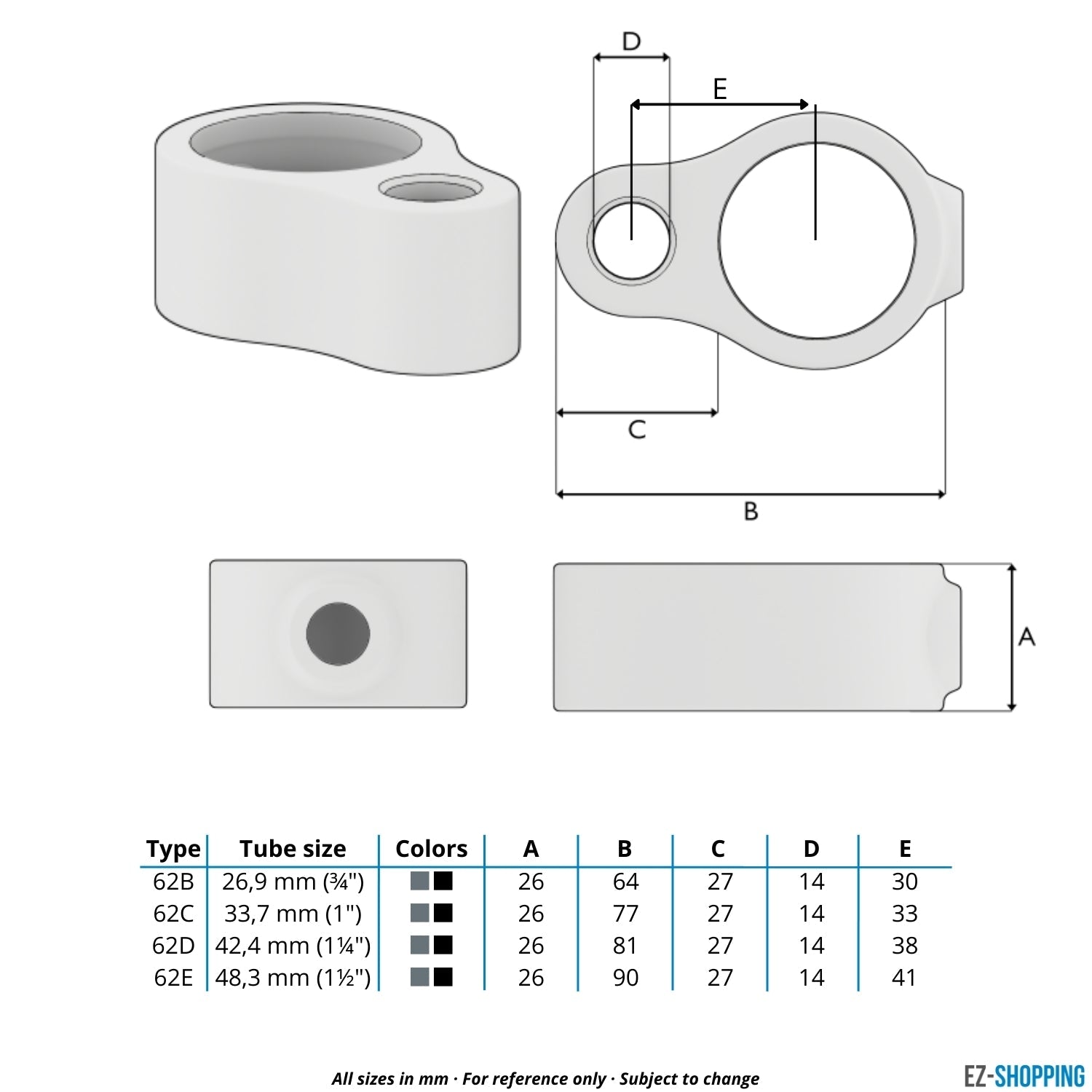 Buiskoppeling Scharnieroog 48,3 mm - maattabel - technische tekening (Steigerbuisstunter.nl)