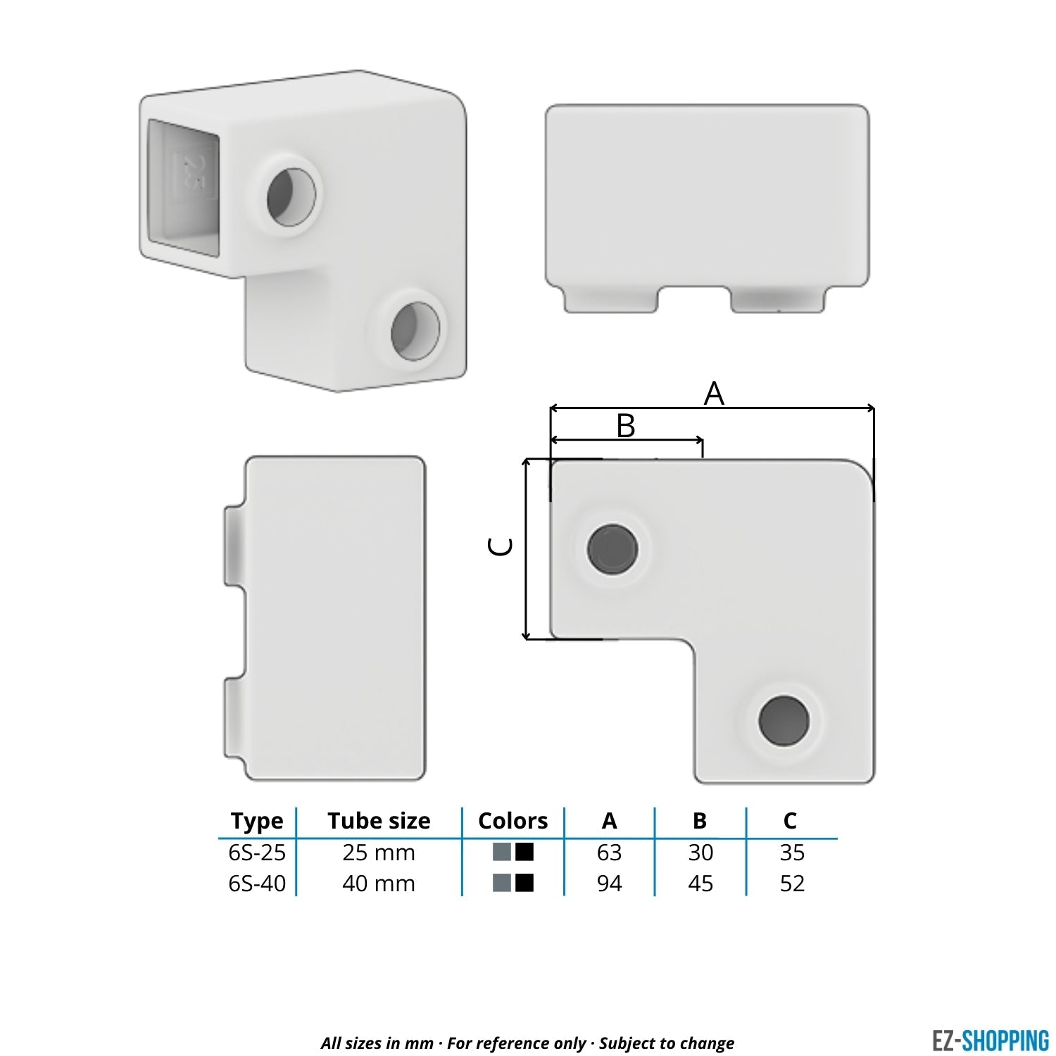 Buiskoppeling Kniestuk 2-weg 90º 40 mm vierkant - maattabel - technische tekening (Steigerbuisstunter.nl)