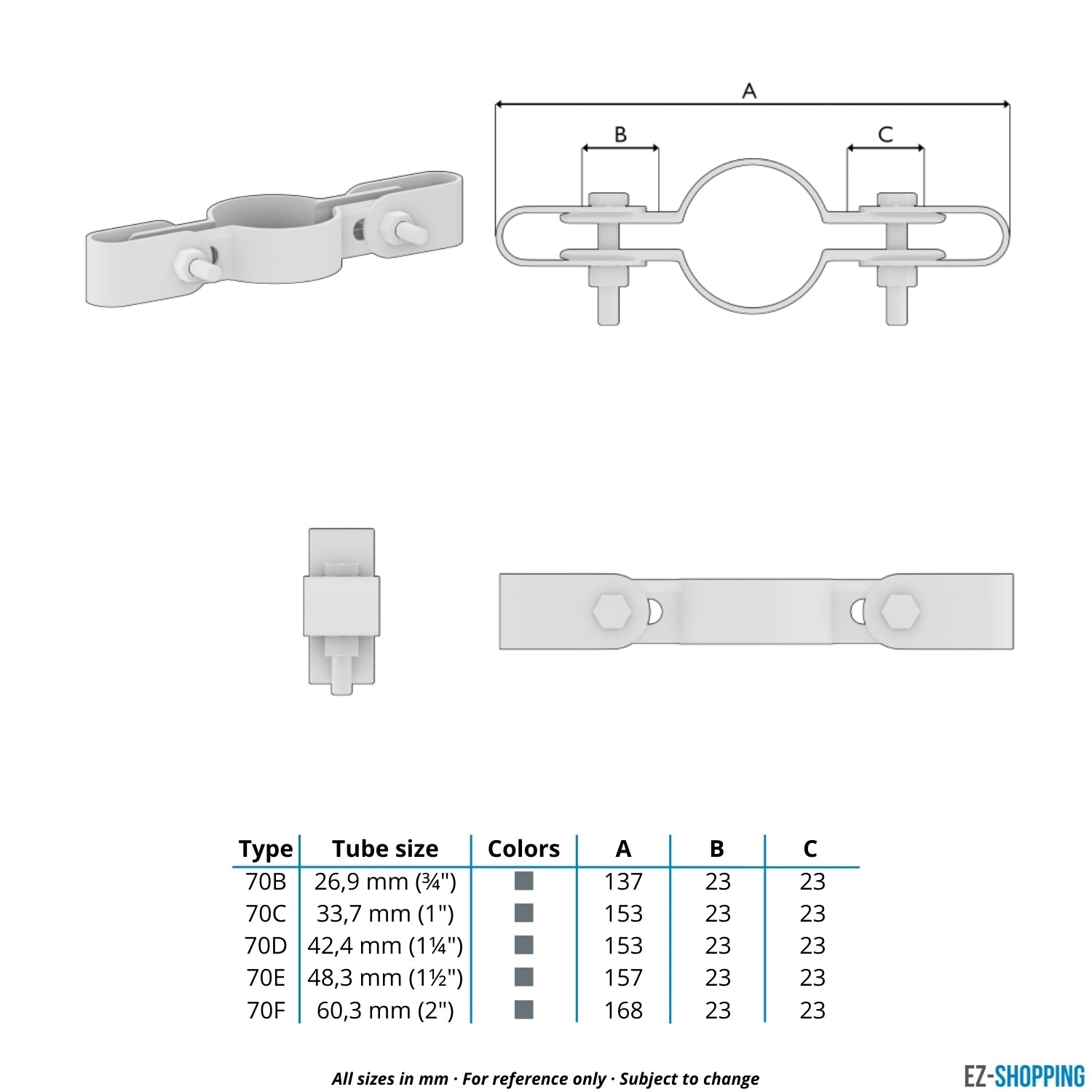 Buiskoppeling Gaasclip dubbel 26,9 mm - maattabel - technische tekening (Steigerbuisstunter.nl)
