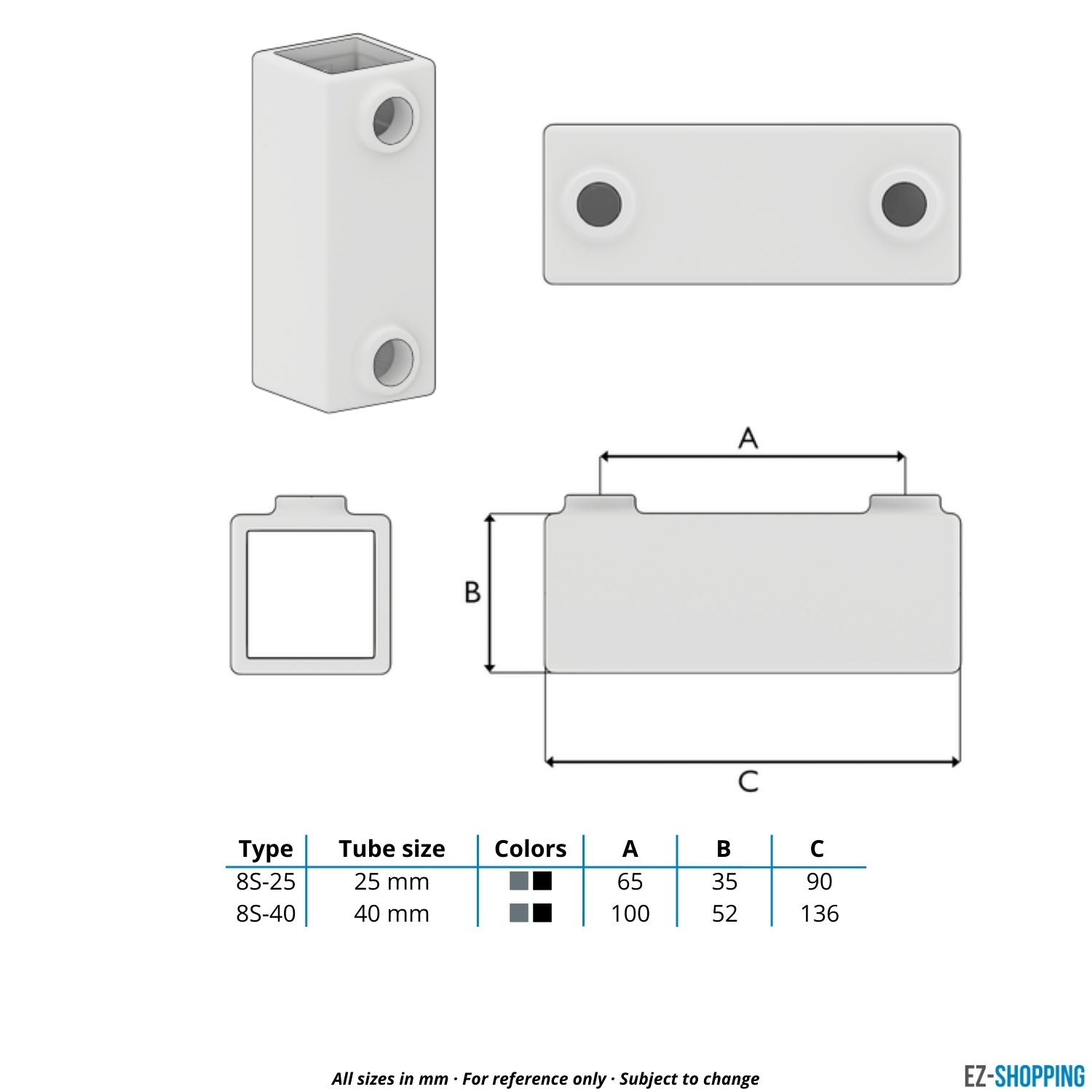 Buiskoppeling Koppelstuk zwart 25 mm vierkant - maattabel - technische tekening (Steigerbuisstunter.nl)