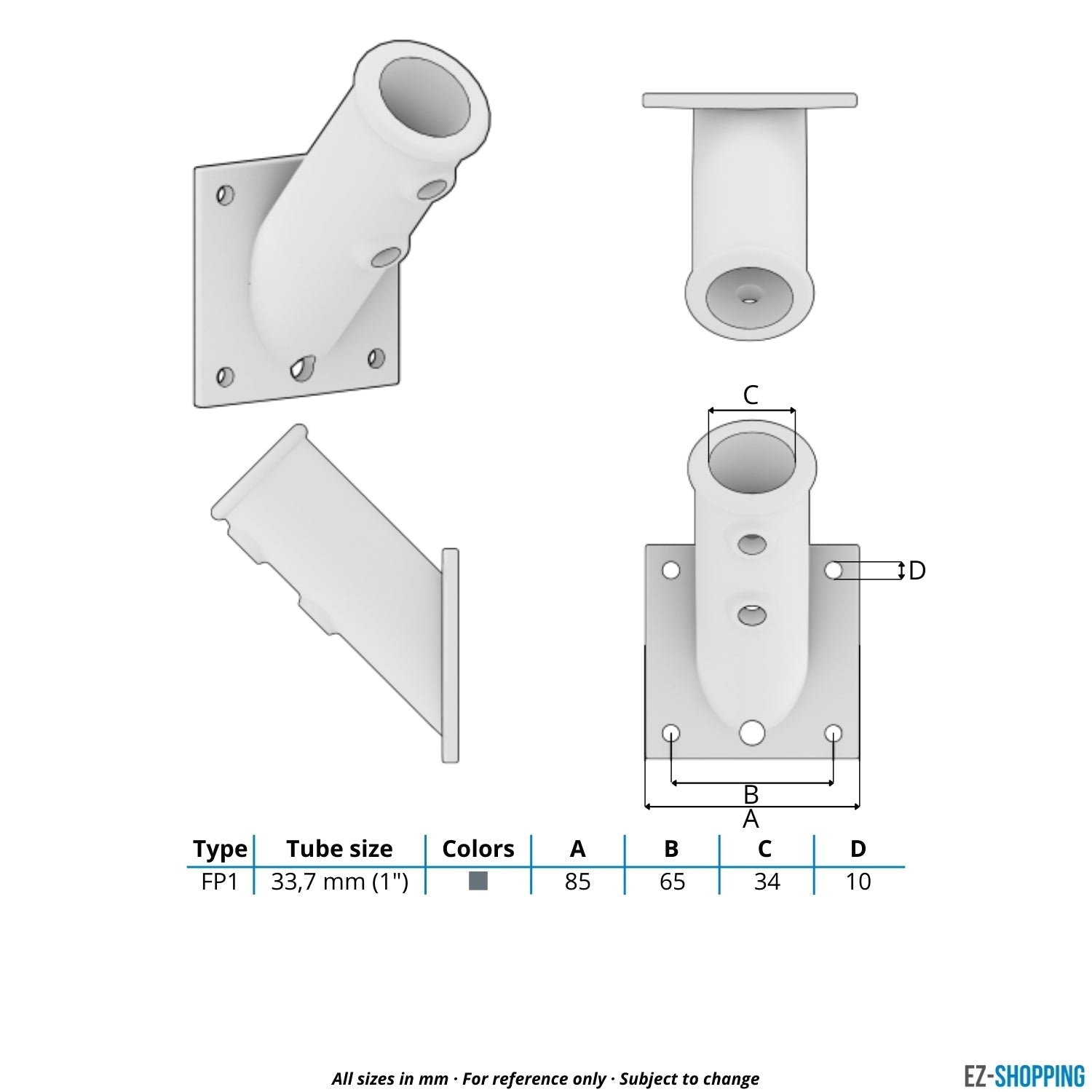 Buiskoppeling Vlaggenstokhouder 33,7 mm - maattabel - technische tekening (Steigerbuisstunter.nl)