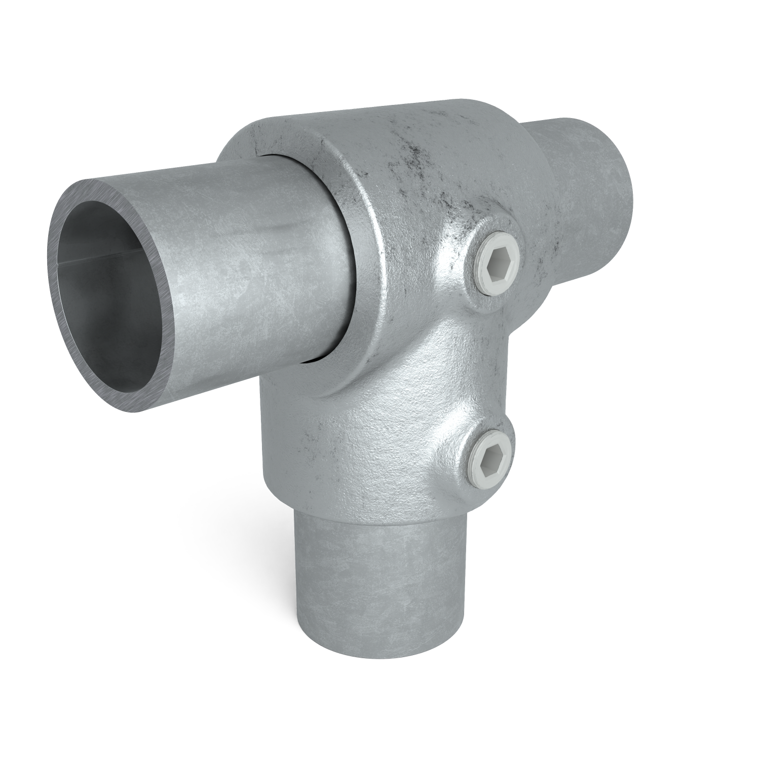 Buiskoppeling T-stuk kort 42,4 mm - schuin aanzicht met buizen (Steigerbuisstunter.nl)