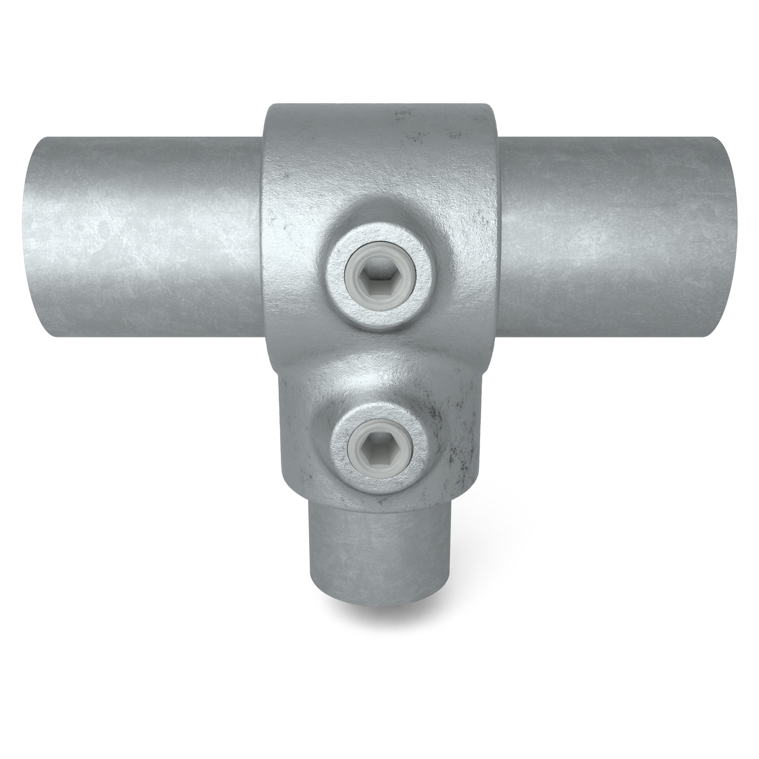 Buiskoppeling T-stuk kort verloop 42,4 mm - 33,7 mm - vooraanzicht met buizen (Steigerbuisstunter.nl)