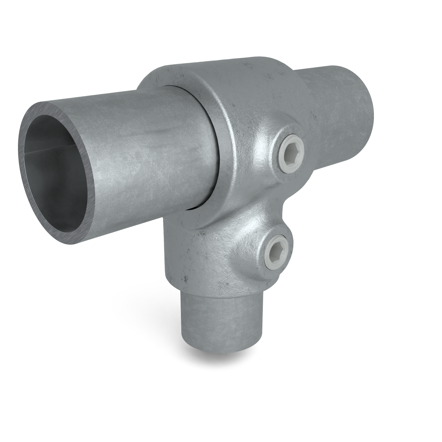 Buiskoppeling T-stuk kort verloop 42,4 mm - 33,7 mm - schuin aanzicht met buizen (Steigerbuisstunter.nl)