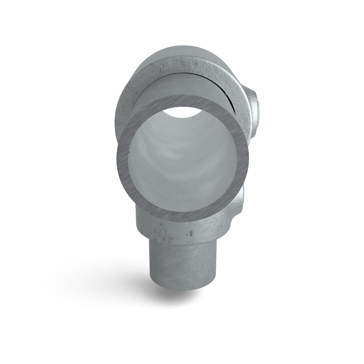 Buiskoppeling T-stuk kort verloop 42,4 mm - 33,7 mm - zijaanzicht met buizen (Steigerbuisstunter.nl)