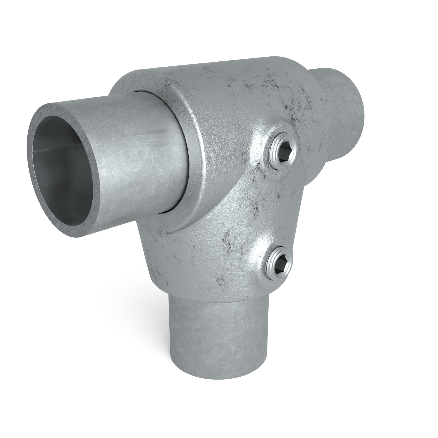Buiskoppeling T-stuk kort ±11º 33,7 mm - schuin aanzicht met buizen (Steigerbuisstunter.nl)