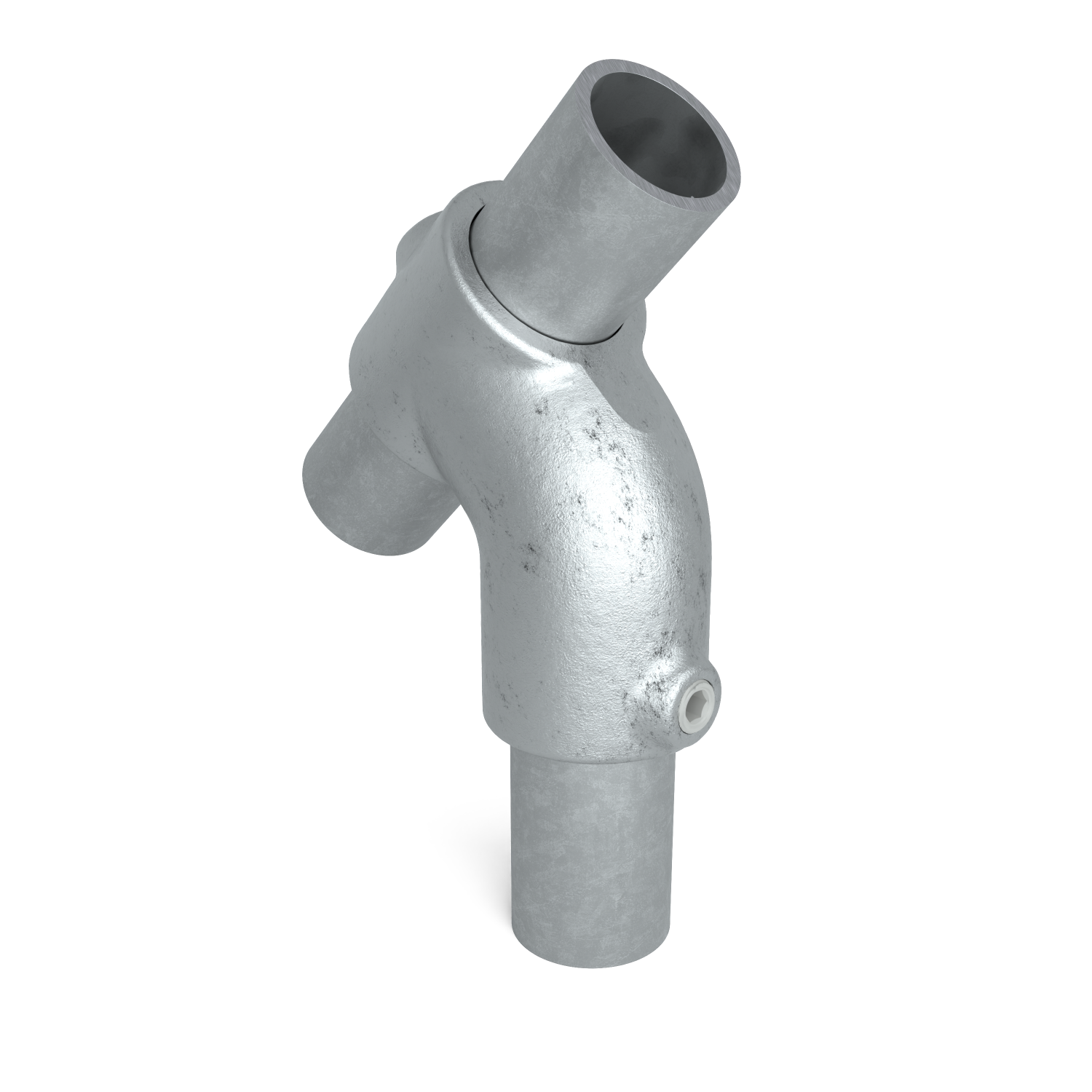 Buiskoppeling T-stuk kort 45° 48,3 mm - schuin aanzicht met buizen (Steigerbuisstunter.nl)