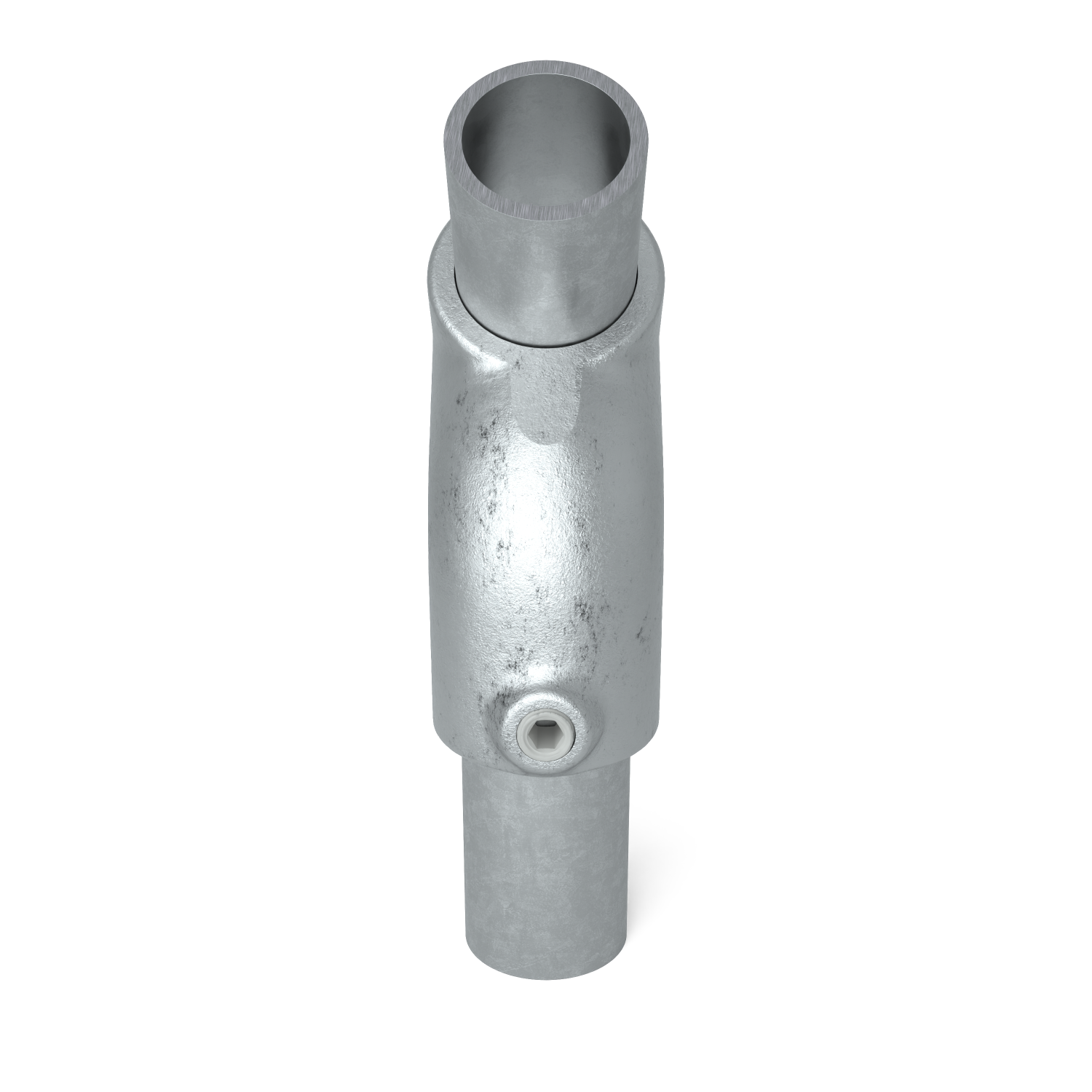 Buiskoppeling T-stuk kort 45° 48,3 mm - zijaanzicht met buizen (Steigerbuisstunter.nl)