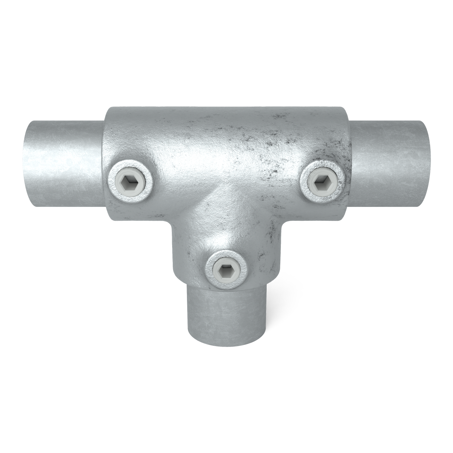 Buiskoppeling T-stuk lang 48,3 mm - vooraanzicht met buizen (Steigerbuisstunter.nl)