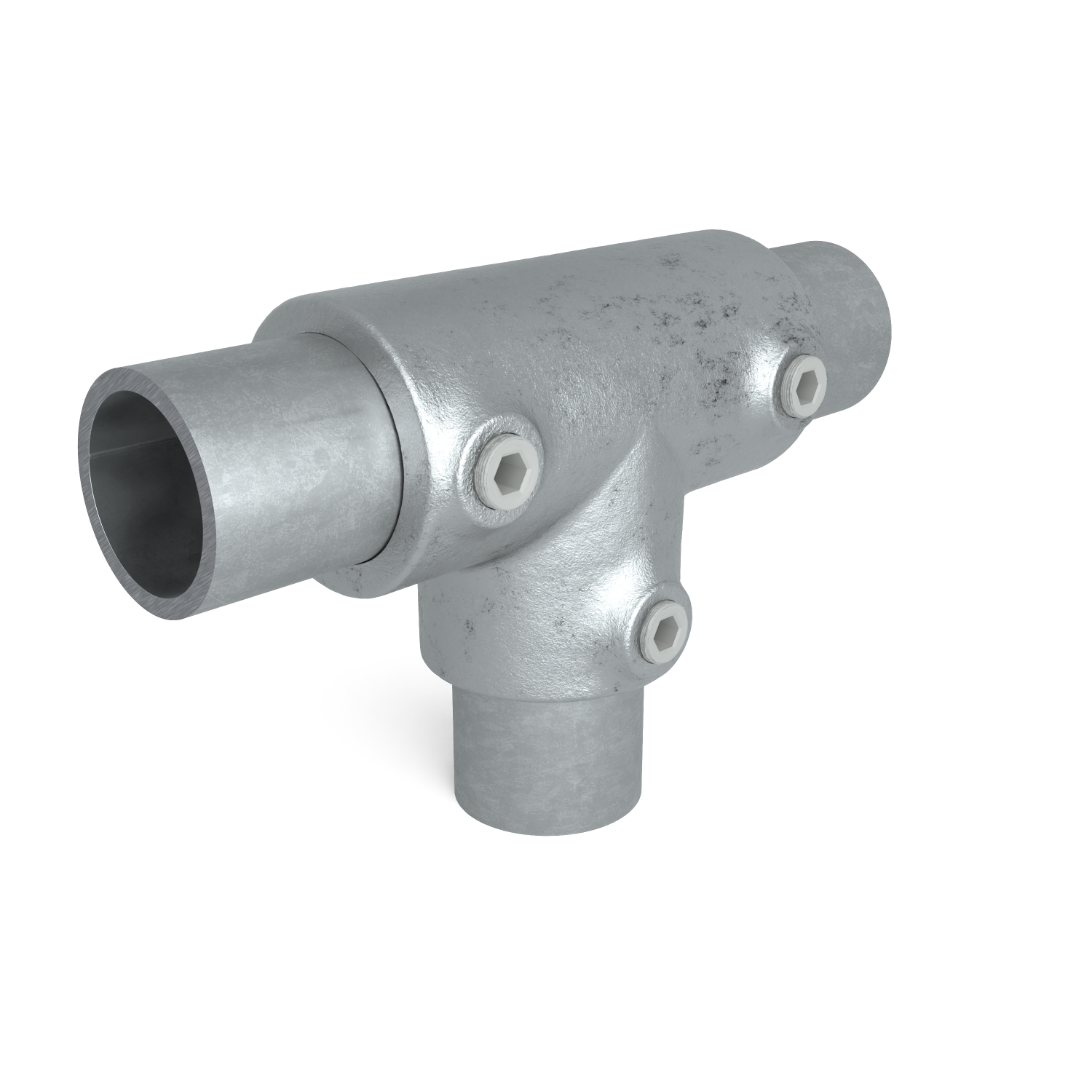 Buiskoppeling T-stuk lang 33,7 mm - schuin aanzicht met buizen (Steigerbuisstunter.nl)