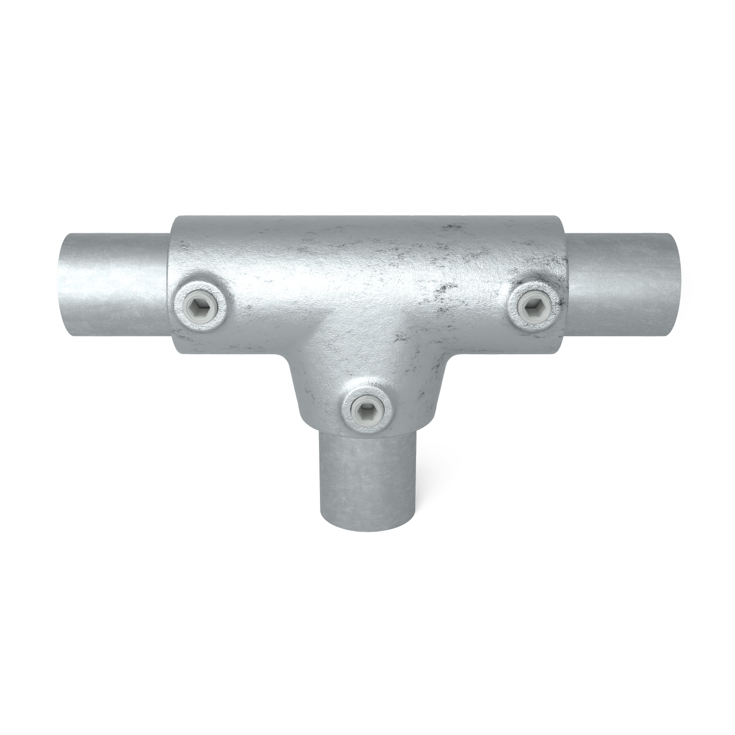Buiskoppeling T-stuk lang ±11º 33,7 mm - vooraanzicht met buizen (Steigerbuisstunter.nl)