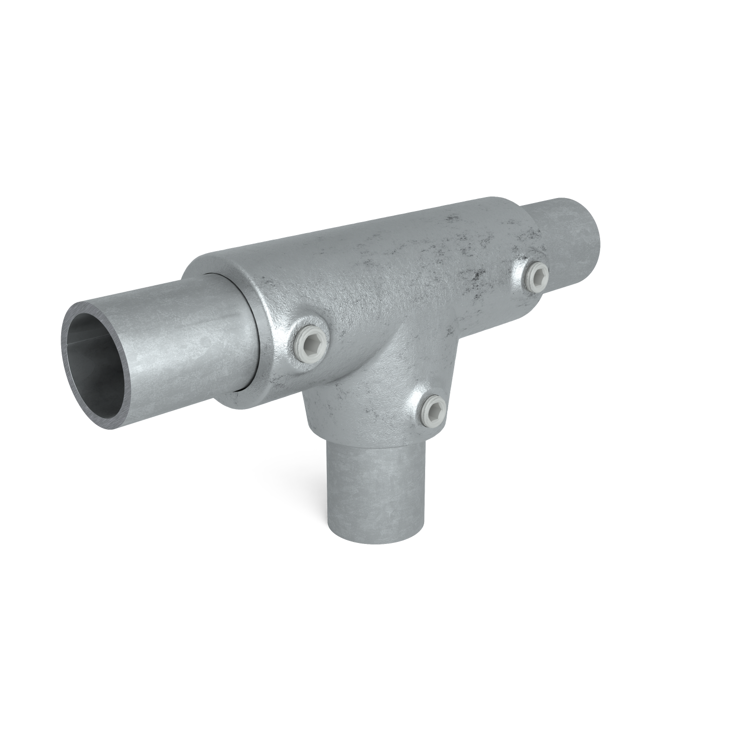 Buiskoppeling T-stuk lang ±11º 33,7 mm - schuin aanzicht met buizen (Steigerbuisstunter.nl)