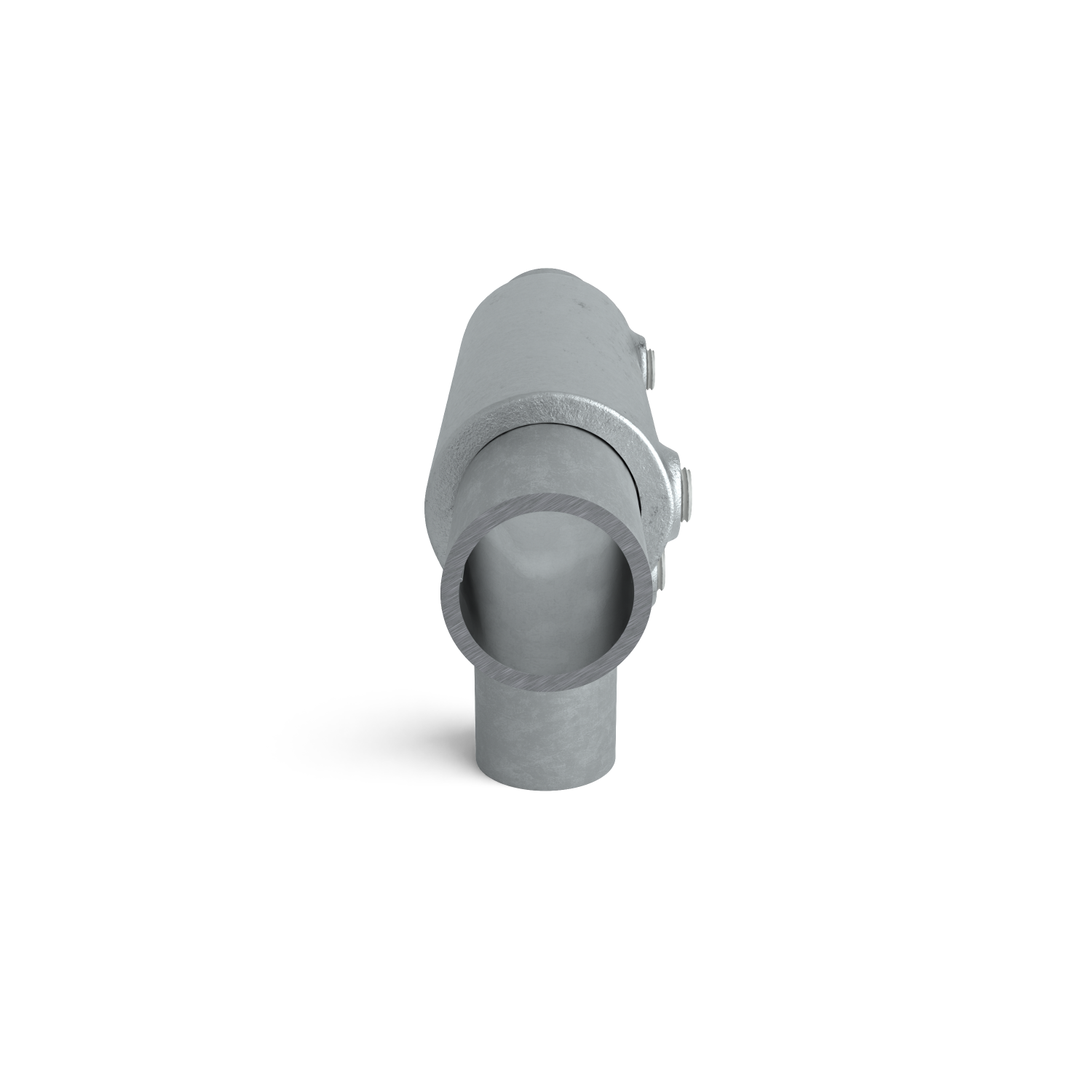 Buiskoppeling T-stuk lang ±11º 33,7 mm - zijaanzicht met buizen (Steigerbuisstunter.nl)