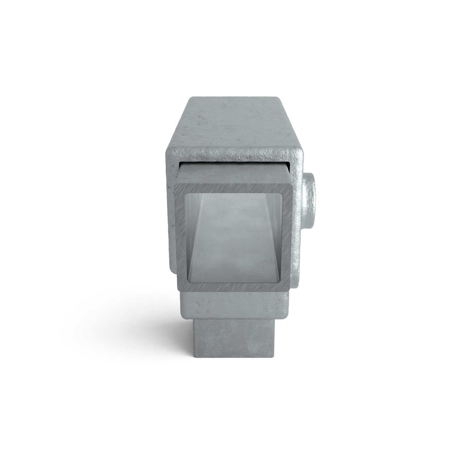 Buiskoppeling T-stuk lang 40 mm vierkant - zijaanzicht met buizen (Steigerbuisstunter.nl)