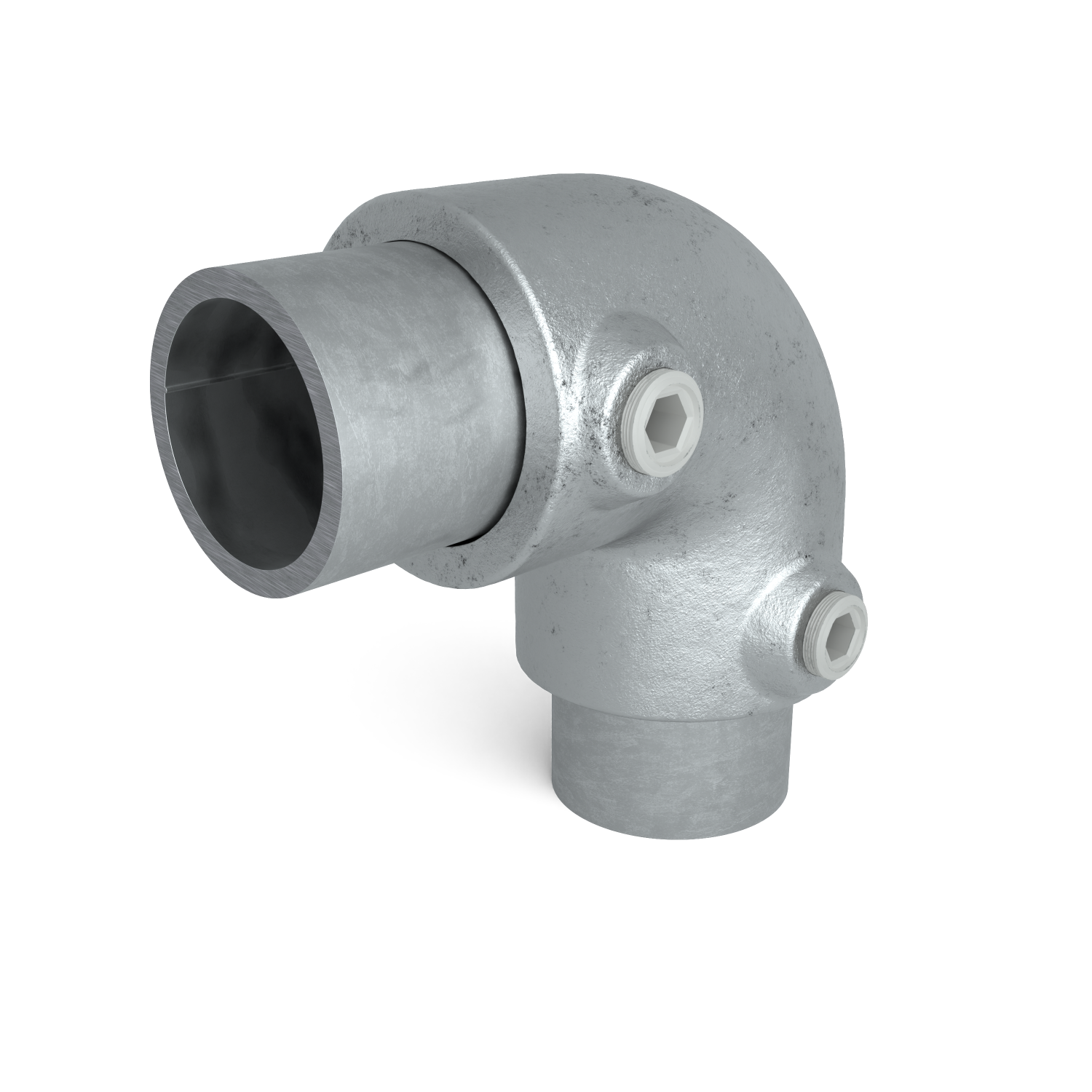 Buiskoppeling Kniestuk 2-weg 90º 60,3 mm - schuin aanzicht met buizen (Steigerbuisstunter.nl)