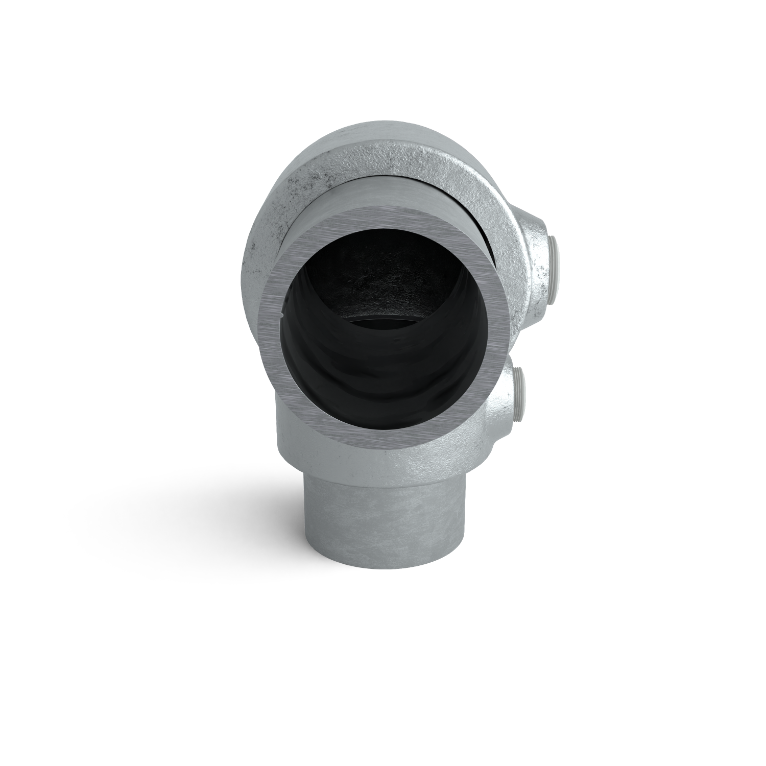 Buiskoppeling Kniestuk 2-weg 90º 48,3 mm - zijaanzicht met buizen (Steigerbuisstunter.nl)