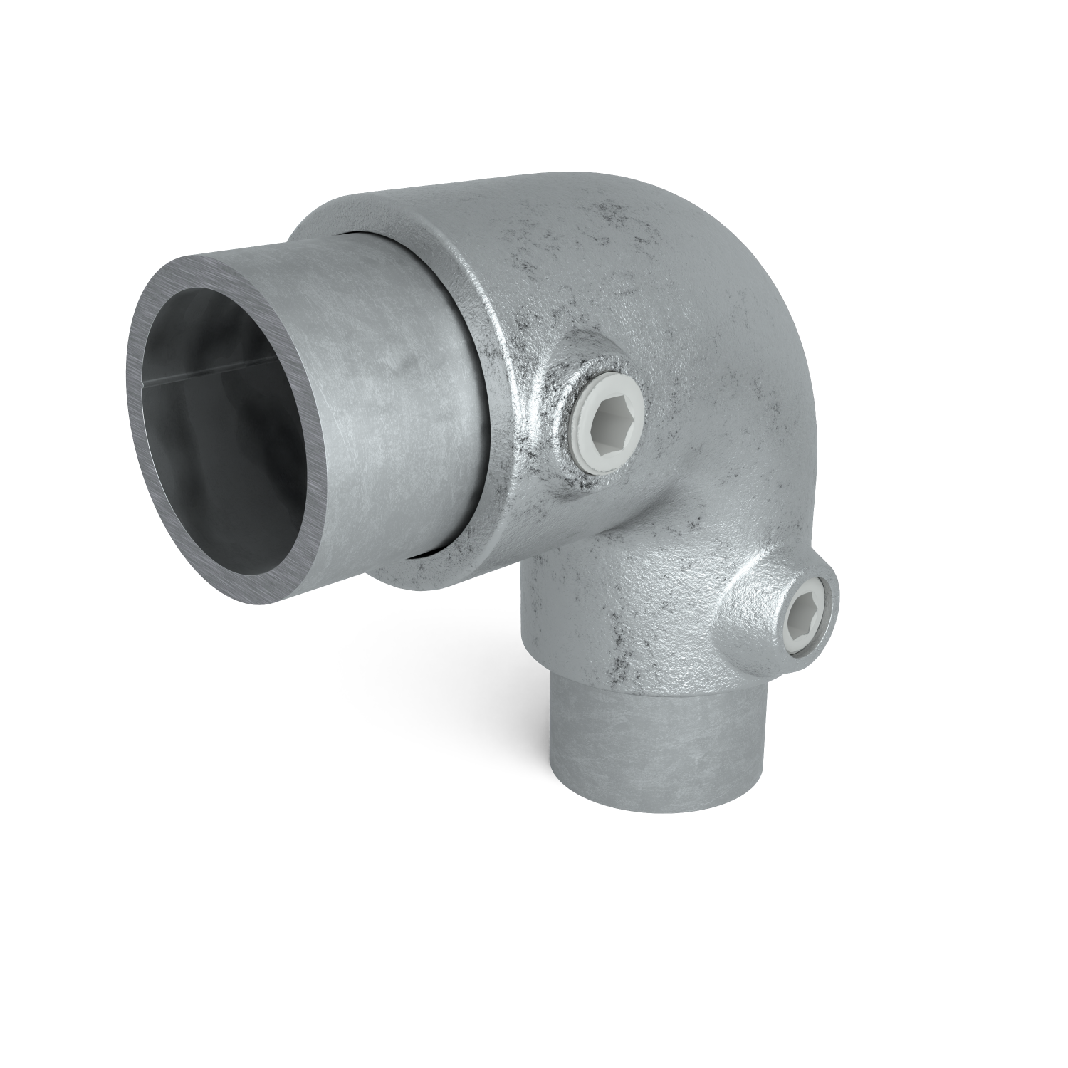 Buiskoppeling Kniestuk 2-weg 90º verloop 48,3 mm - 42,4 mm - schuin aanzicht met buizen (Steigerbuisstunter.nl)