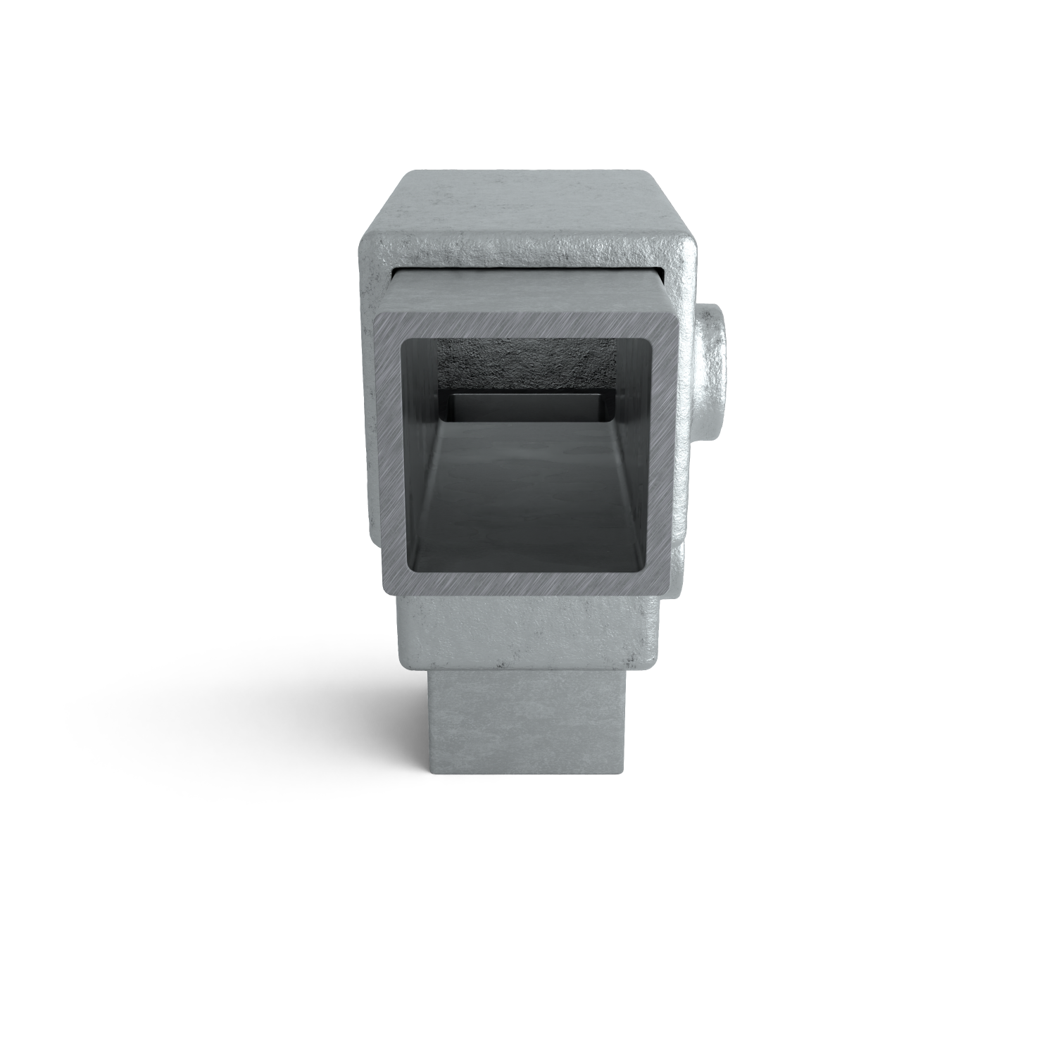 Buiskoppeling Kniestuk 2-weg 90º 40 mm vierkant - zijaanzicht met buizen (Steigerbuisstunter.nl)