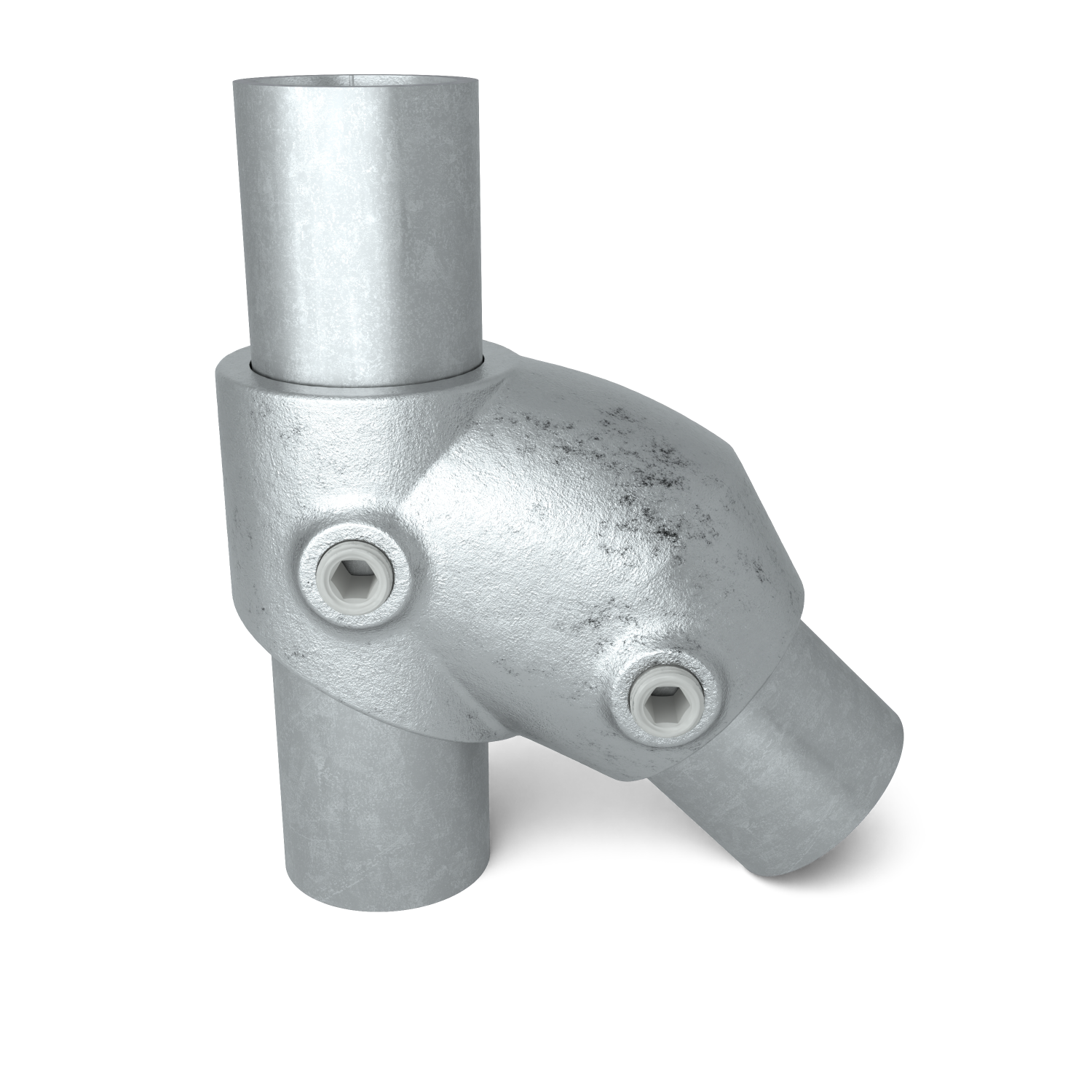 Buiskoppeling T-stuk kort 45° - 60° 48,3 mm - vooraanzicht met buizen (Steigerbuisstunter.nl)