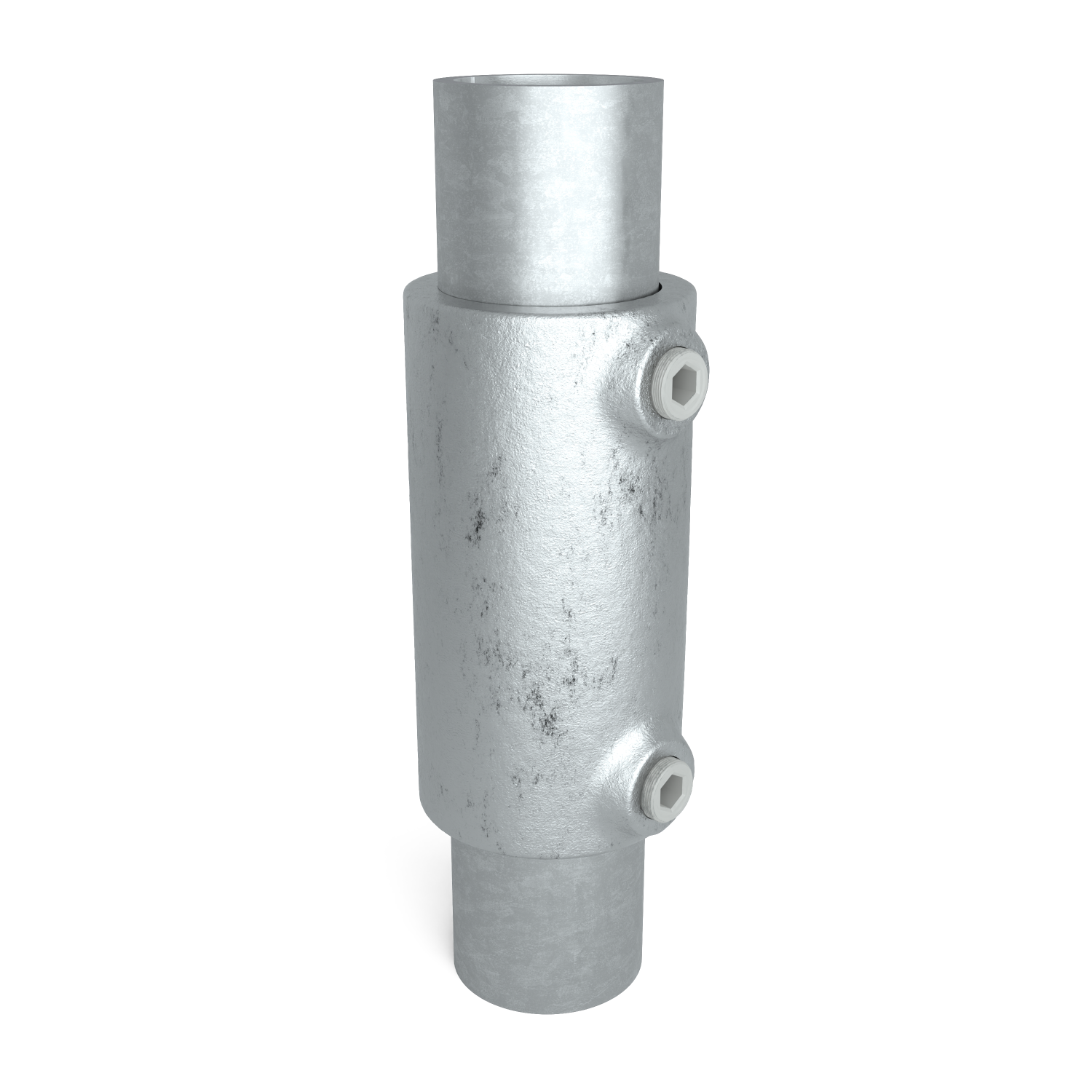 Buiskoppeling Koppelstuk 33,7 mm - schuin aanzicht met buizen (Steigerbuisstunter.nl)