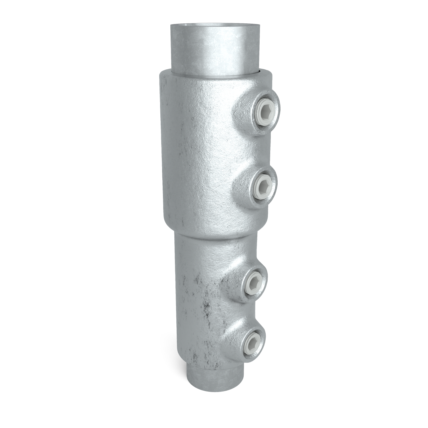Buiskoppeling Koppelstuk verloop 33,7 mm - 26,9 mm - schuin aanzicht met buizen (Steigerbuisstunter.nl)