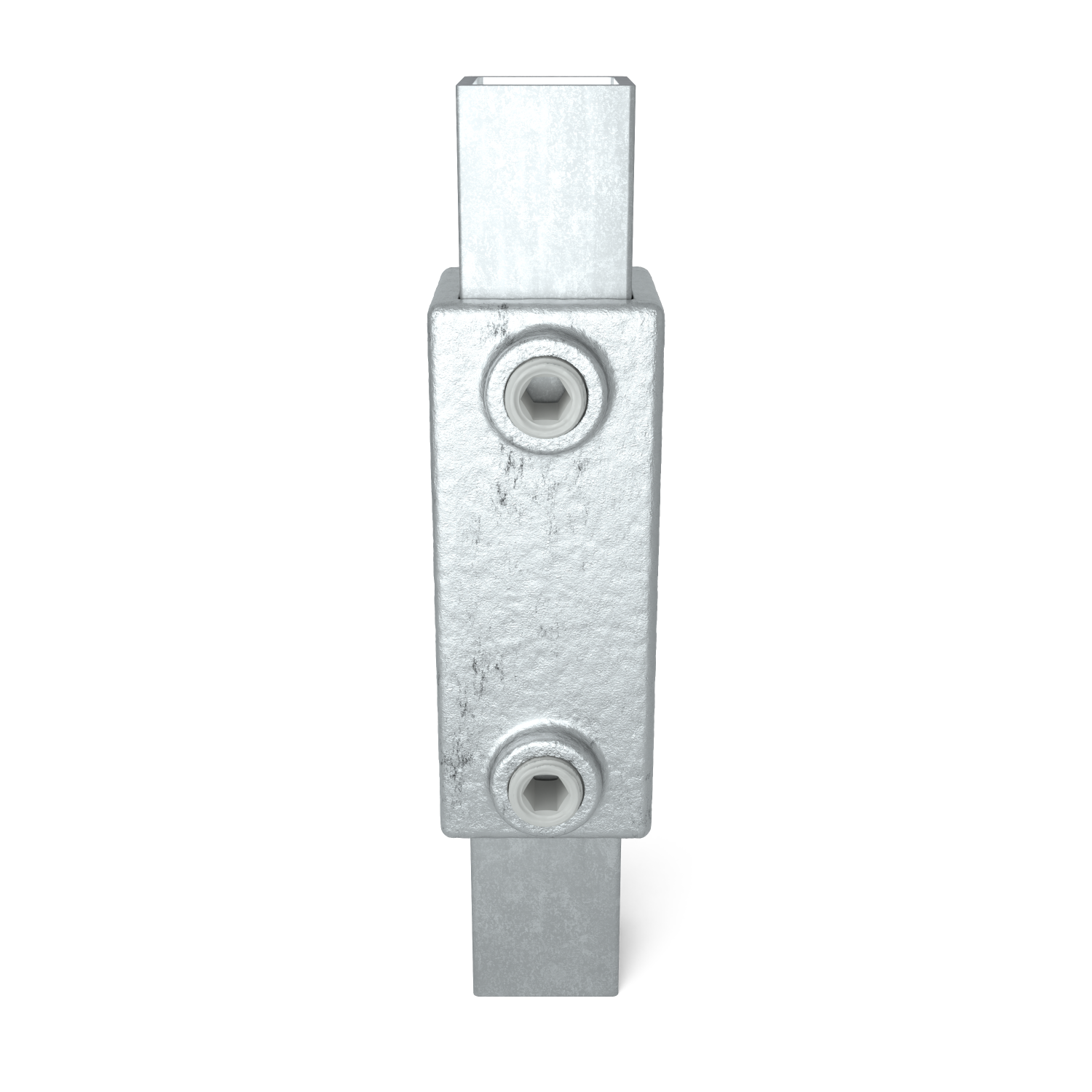 Buiskoppeling Koppelstuk 25 mm vierkant - vooraanzicht met buizen (Steigerbuisstunter.nl)