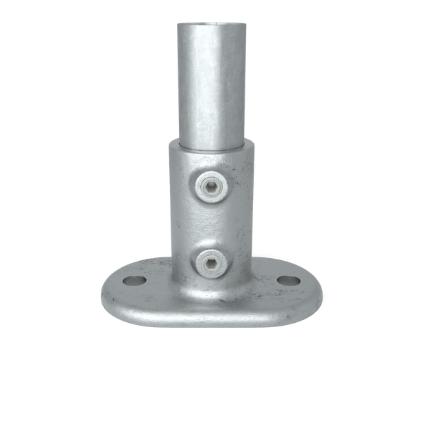 Buiskoppeling Voetplaat ovaal 48,3 mm - vooraanzicht met buizen (Steigerbuisstunter.nl)