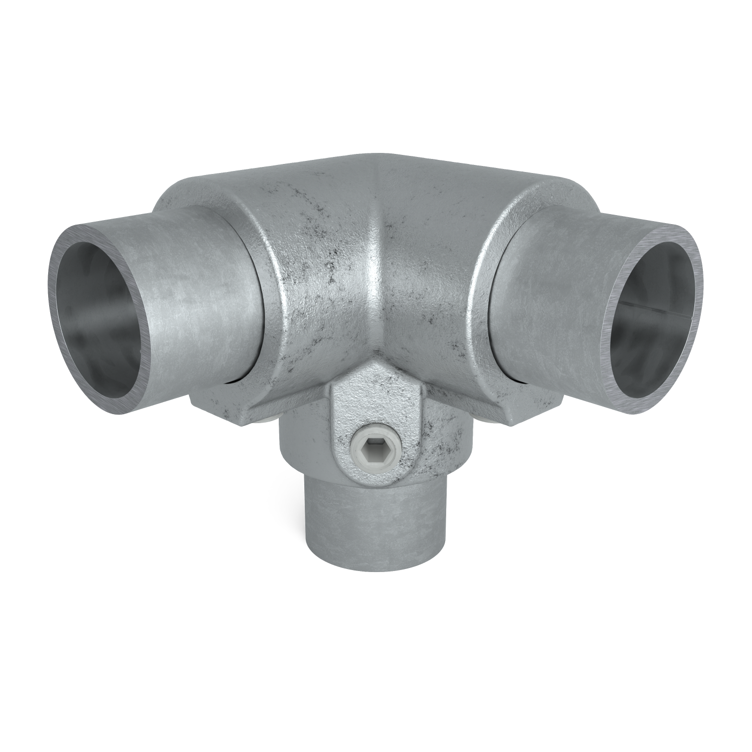 Buiskoppeling Kniestuk 3-weg 90º 60,3 mm - vooraanzicht met buizen (Steigerbuisstunter.nl)