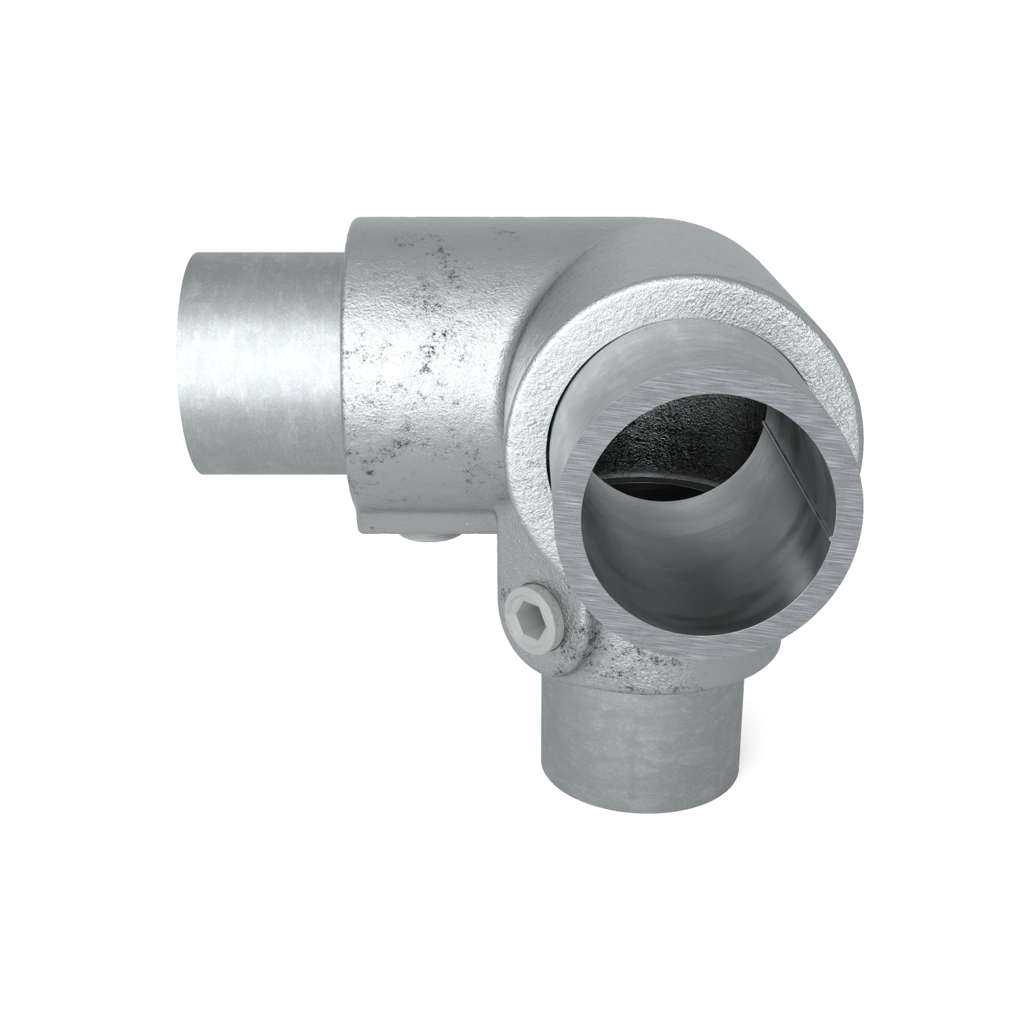 Buiskoppeling Kniestuk 3-weg 90º 33,7 mm - schuin aanzicht met buizen (Steigerbuisstunter.nl)