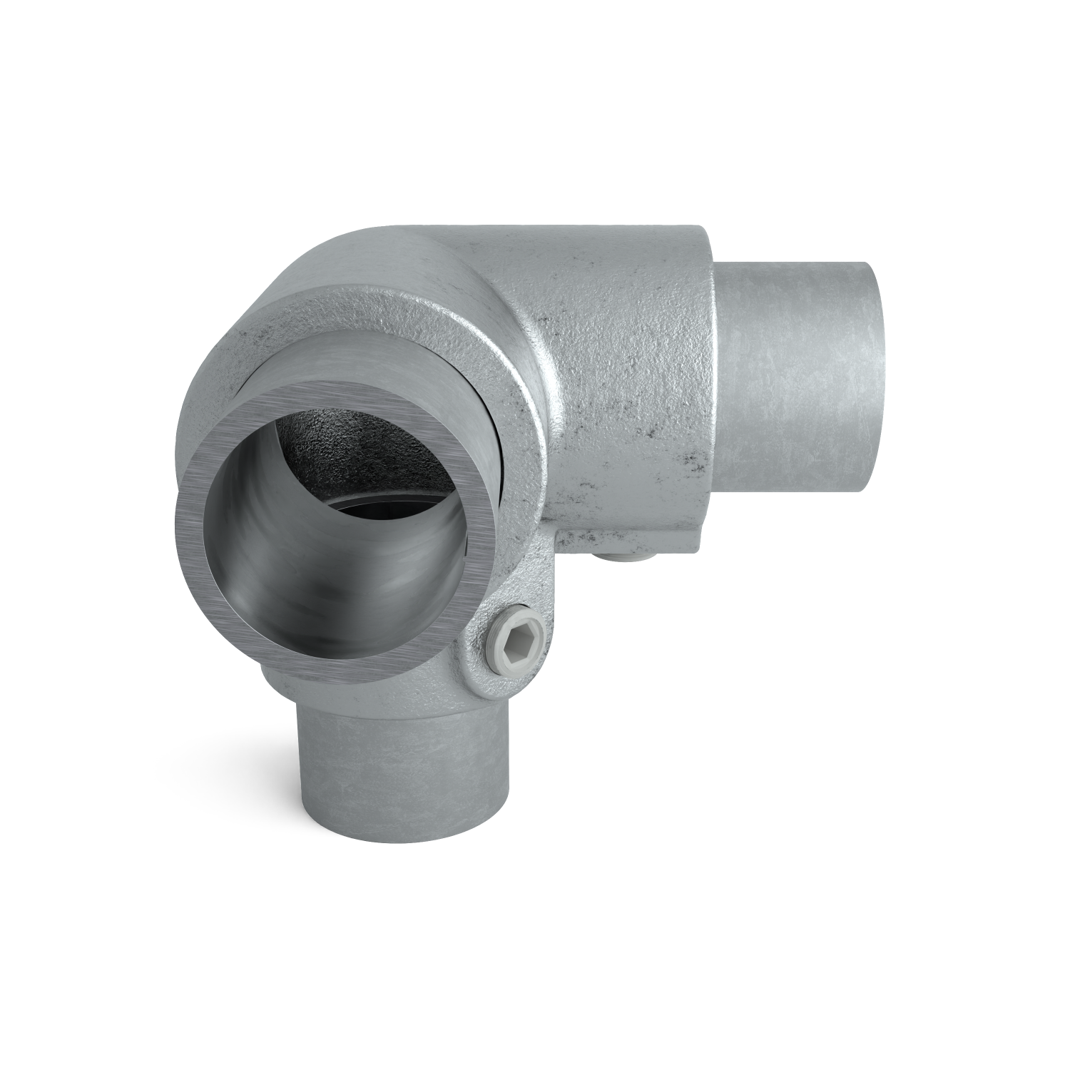 Buiskoppeling Kniestuk 3-weg 90º 60,3 mm - zijaanzicht met buizen (Steigerbuisstunter.nl)